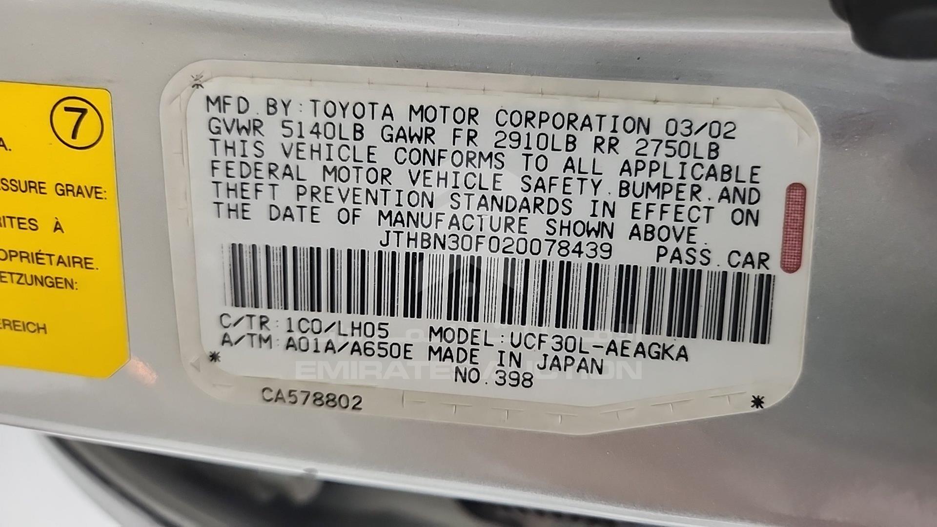 2002 LEXUS LS 430 VIN: JTHBN30F020078439