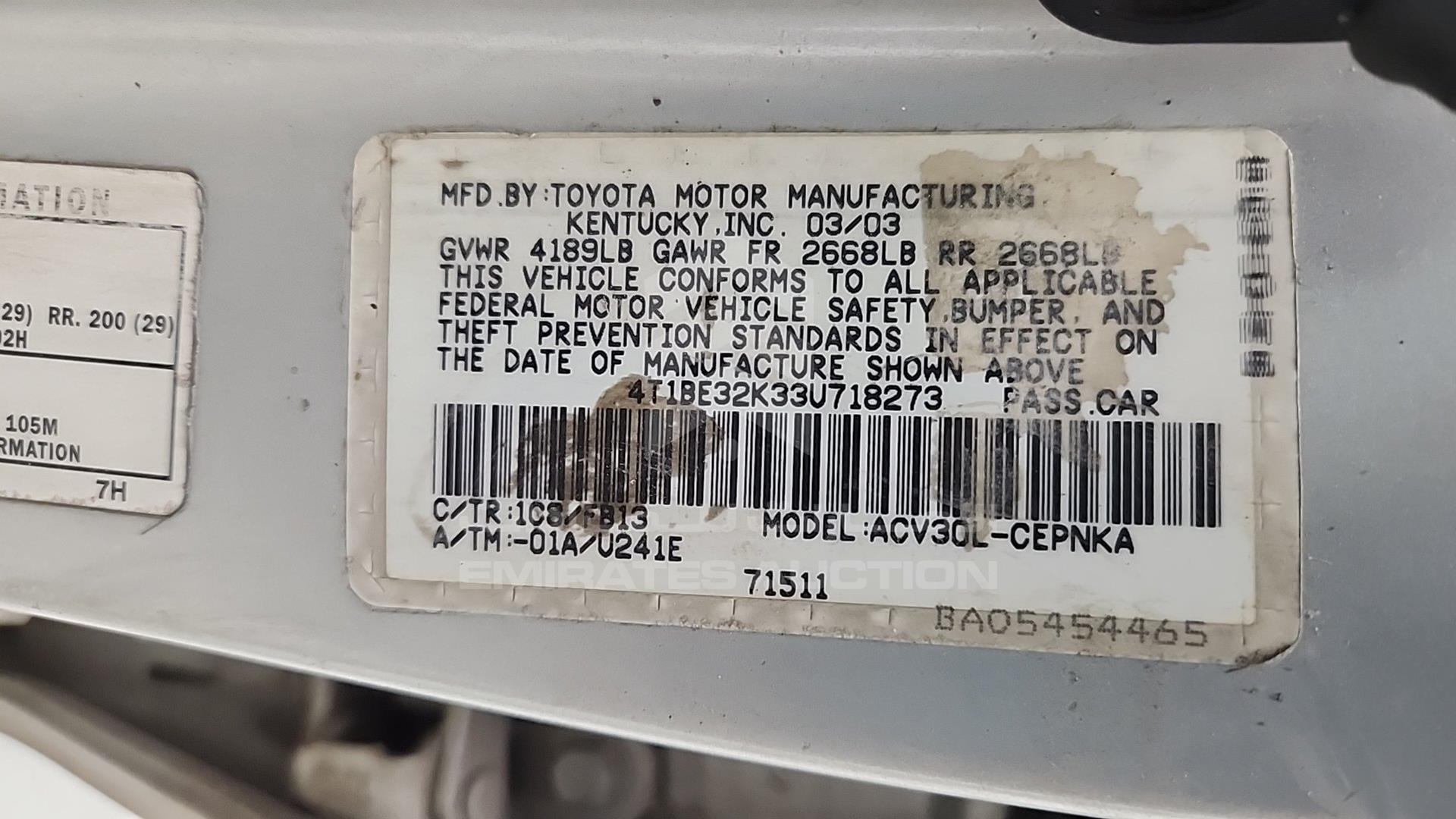 2003 TOYOTA CAMRY VIN: 4T1BE32K33U718273