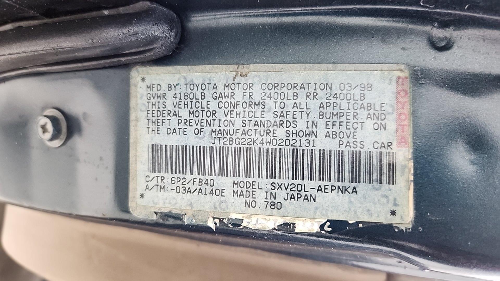 1998 TOYOTA CAMRY VIN: JT2BG22K4W0202131