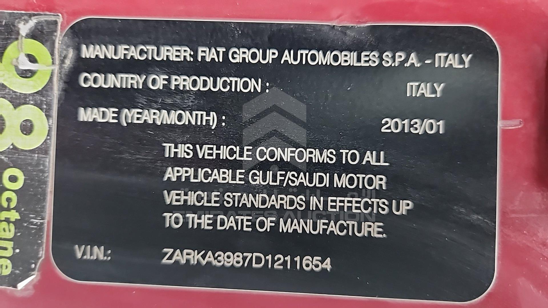 2013 ALFA ROMEO MITO VIN: ZARKA3987D1211654