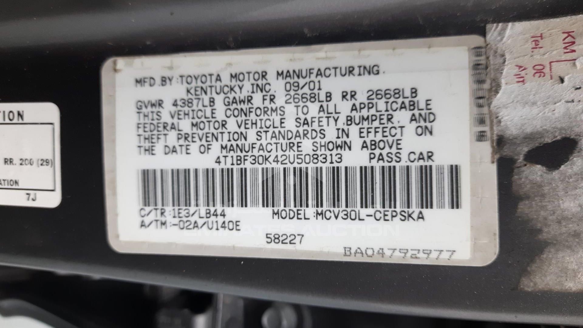 2002 TOYOTA CAMRY VIN: 4T1BF30K42U508313