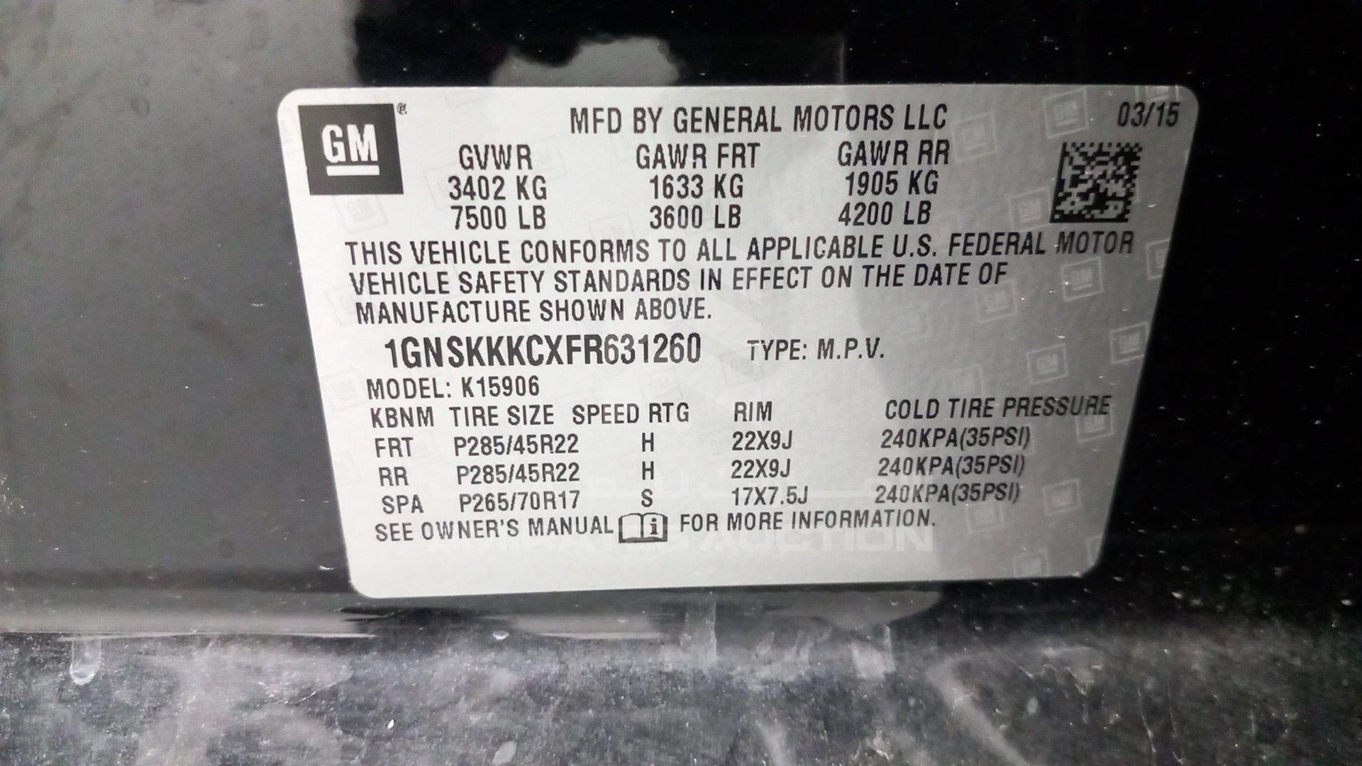 2015 CHEVROLET SUBURBAN VIN: 1GNSKKKCXFR631260