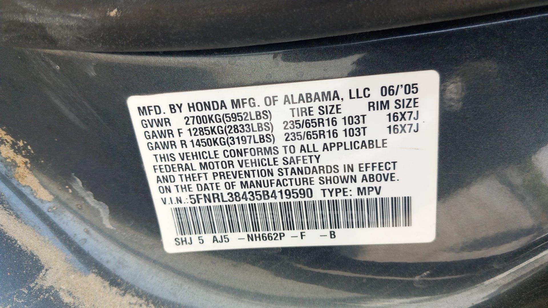 2005 HONDA ODYSSEY VIN: 5FNRL38435B419590