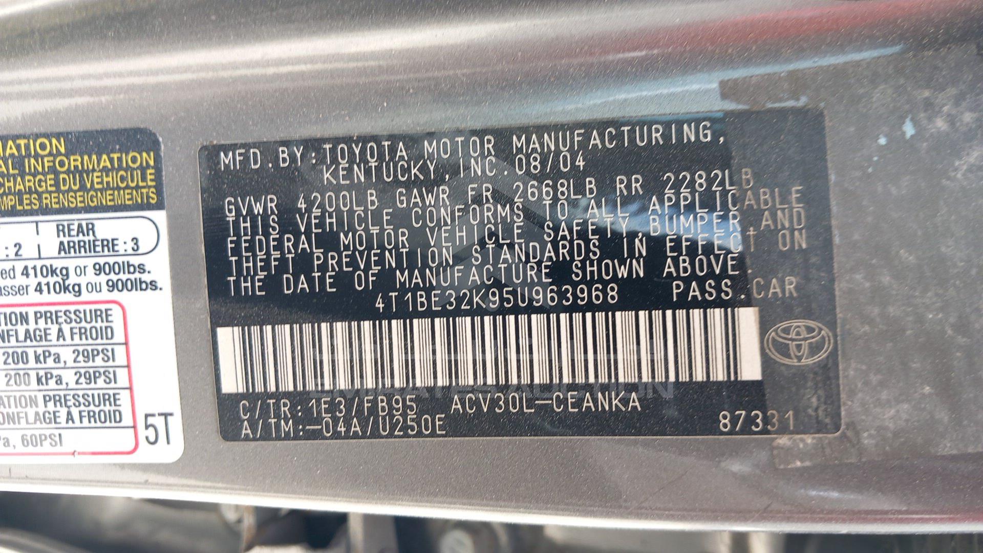 2005 TOYOTA CAMRY VIN: 4T1BE32K95U963968