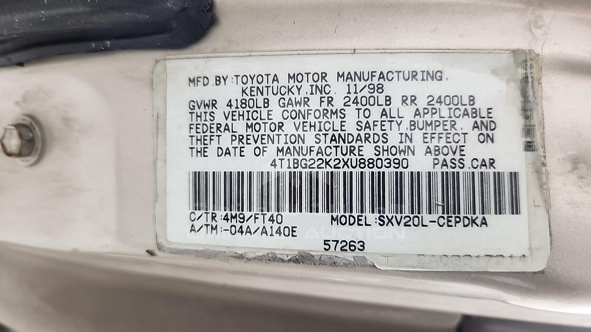 1999 TOYOTA CAMRY VIN: 4T1BG22K2XU880390
