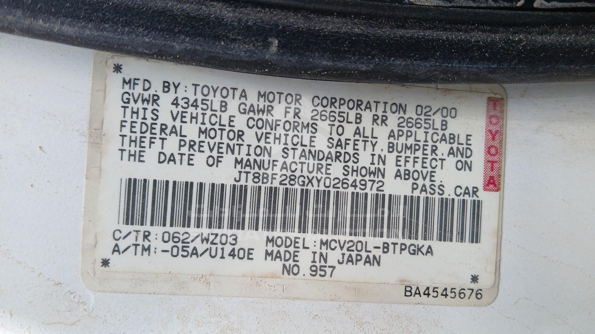 2000 LEXUS ES 300 VIN: JT8BF28GXY0264972