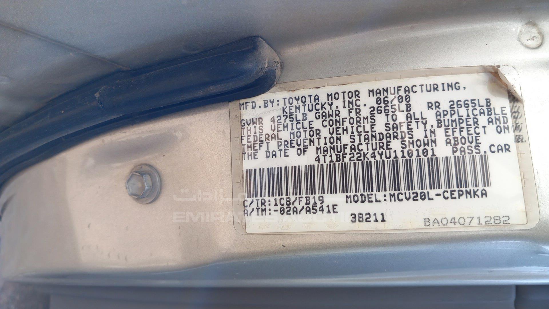 2000 TOYOTA CAMRY VIN: 4T1BF22K4YU110101