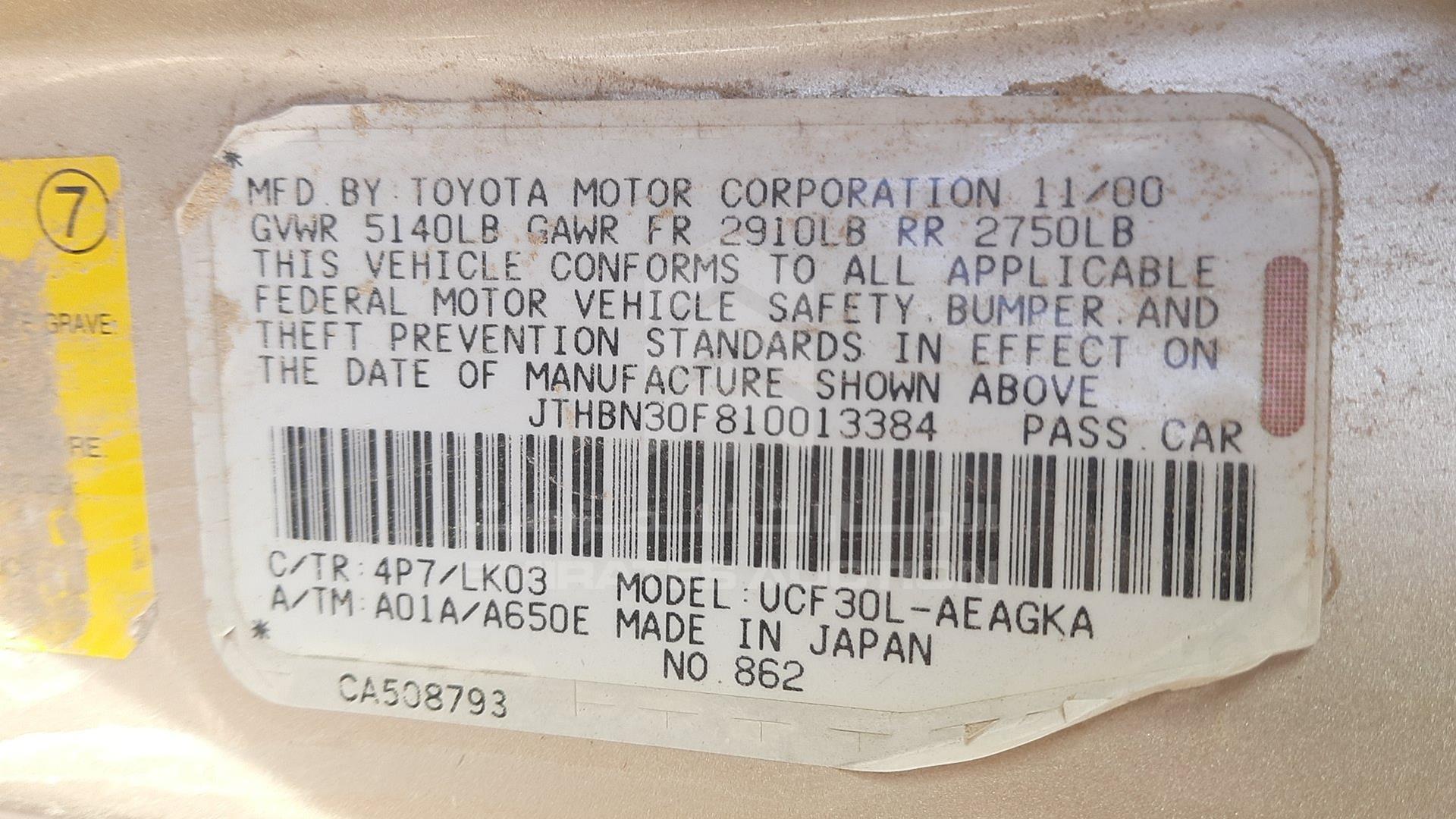 2001 LEXUS --- VIN: JTHBN30F810013384