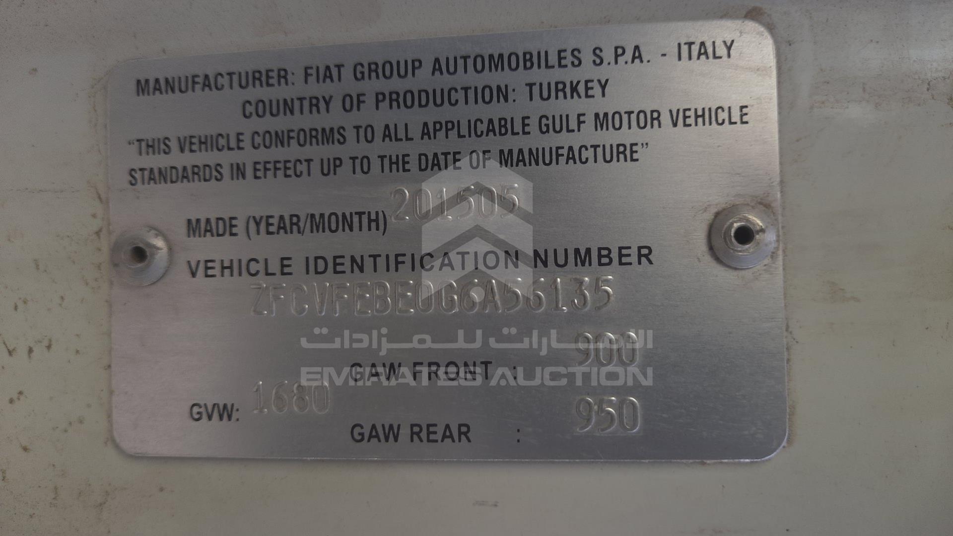 2016 FIAT FIORINO VIN: ZFCVFEBE0G6A56135