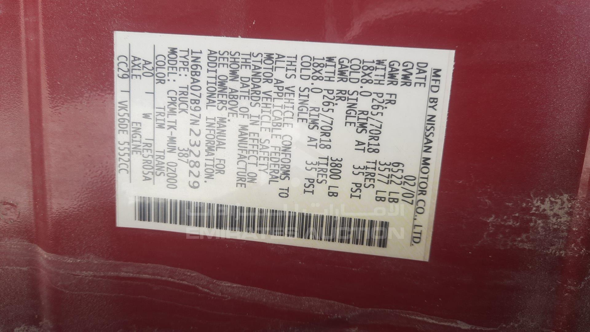2007 NISSAN TITAN VIN: 1N6BA07B97N232829