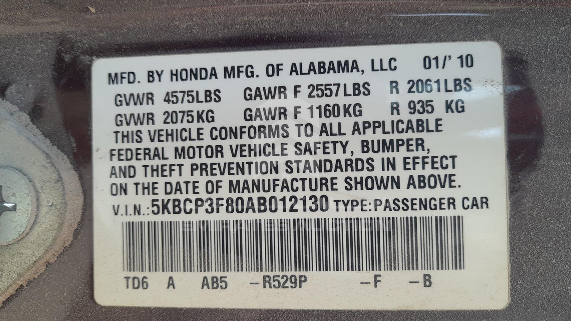 2010 HONDA ACCORD VIN: 5KBCP3F80AB012130