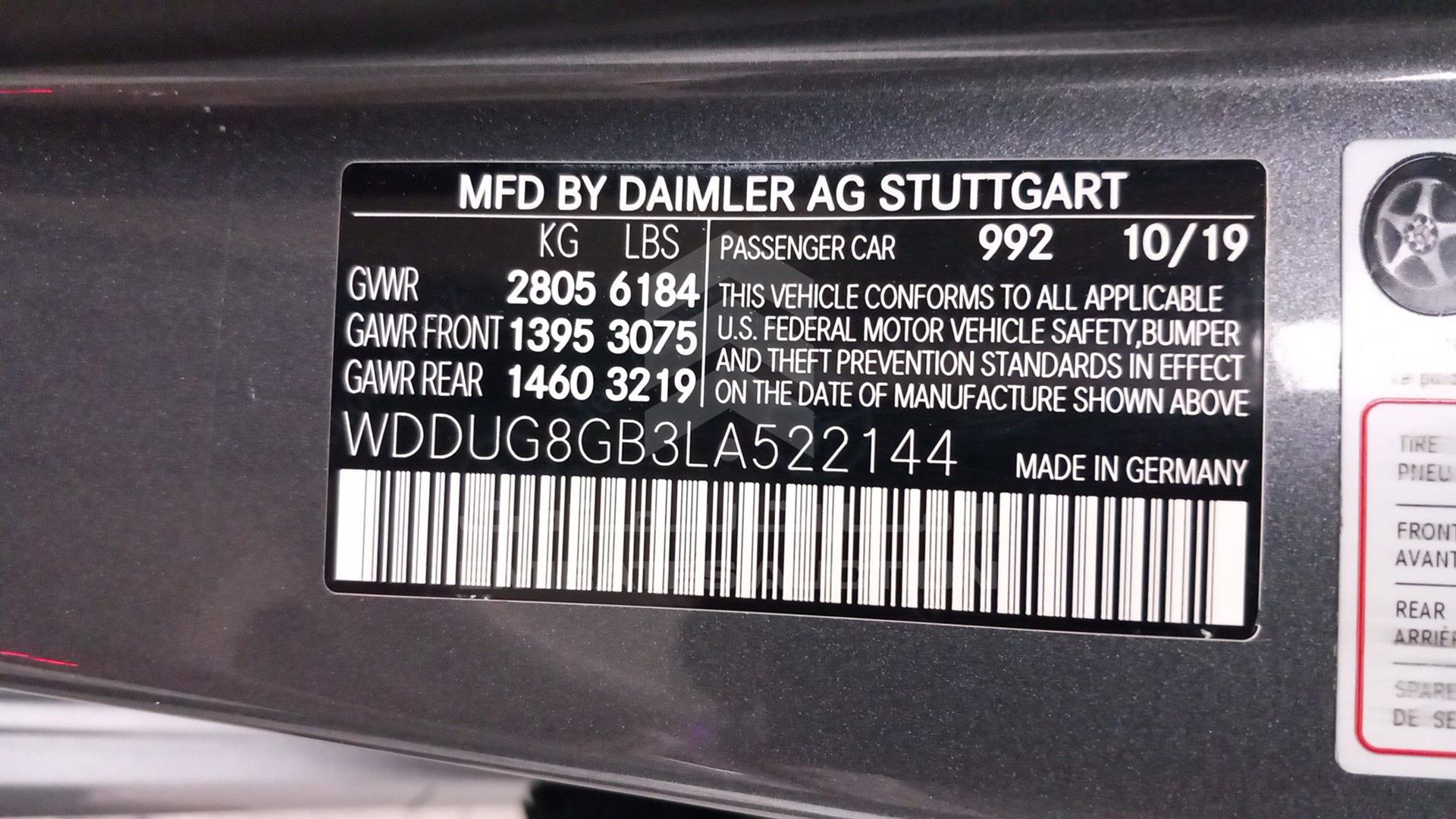 2020 MERCEDES S 560 VIN: WDDUG8GB3LA522144