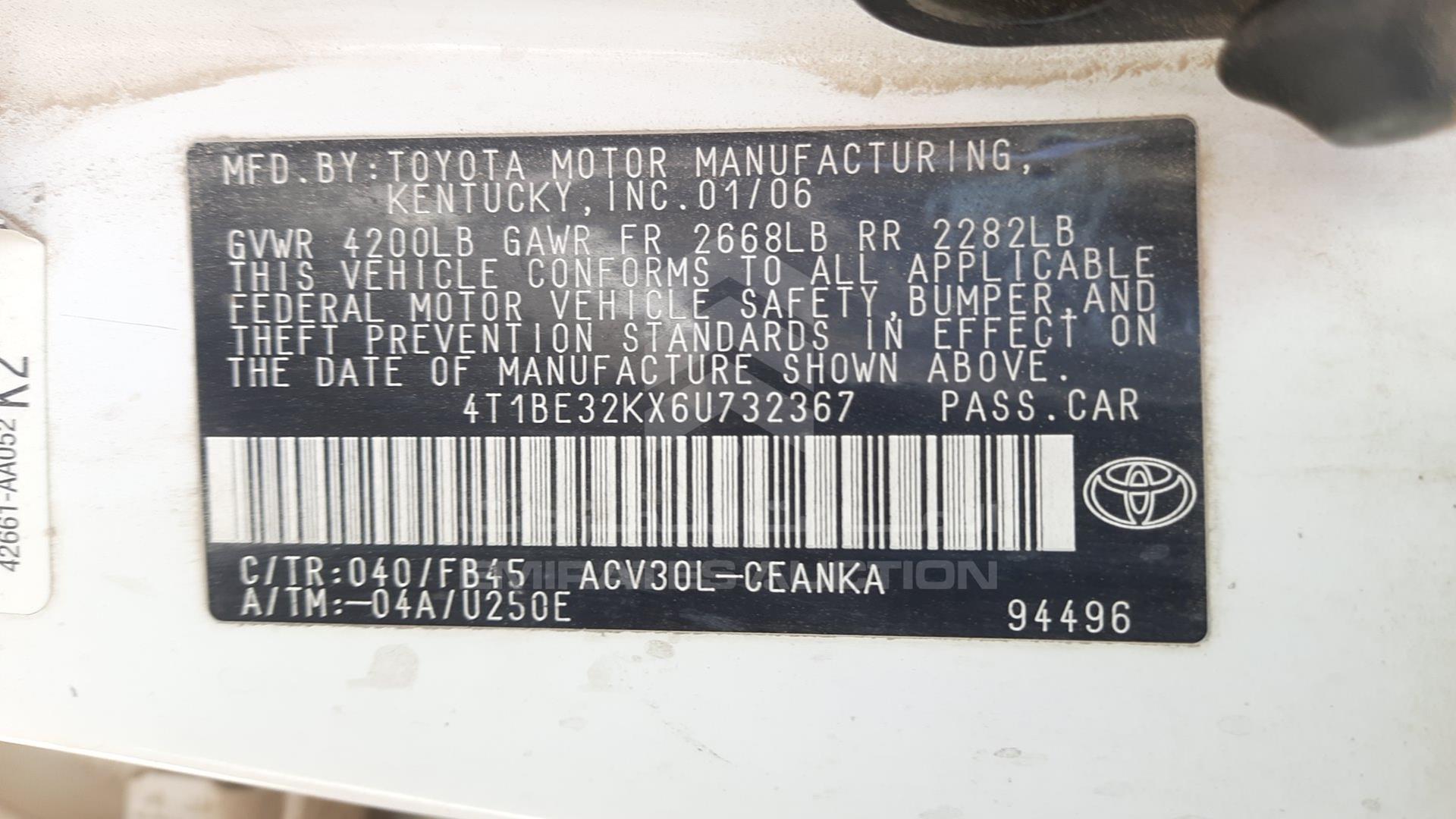 2006 TOYOTA CAMRY VIN: 4T1BE32KX6U732367