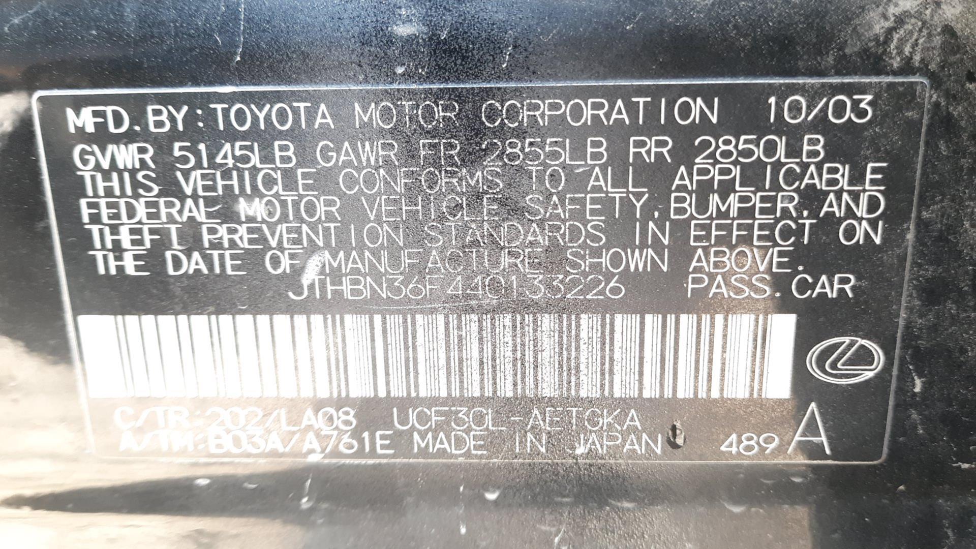 2004 LEXUS LS 430 VIN: JTHBN36F440133226