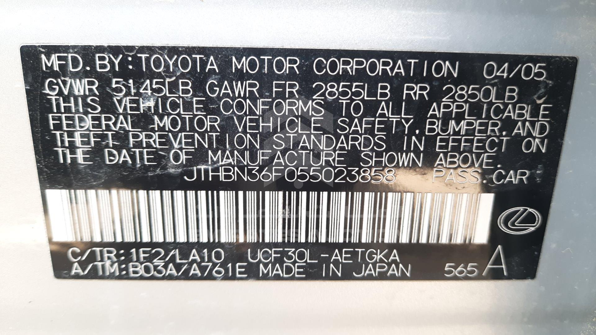 2005 LEXUS LS 430 VIN: JTHBN36F055023858