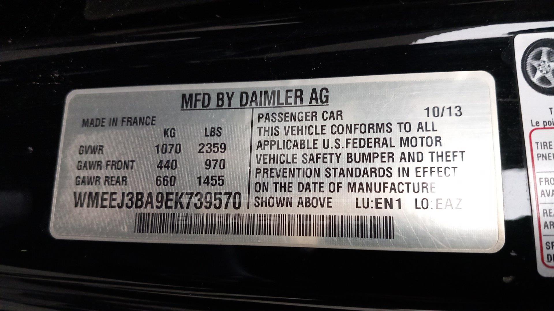 2014 SMART FORTWO VIN: WMEEJ3BA9EK739570
