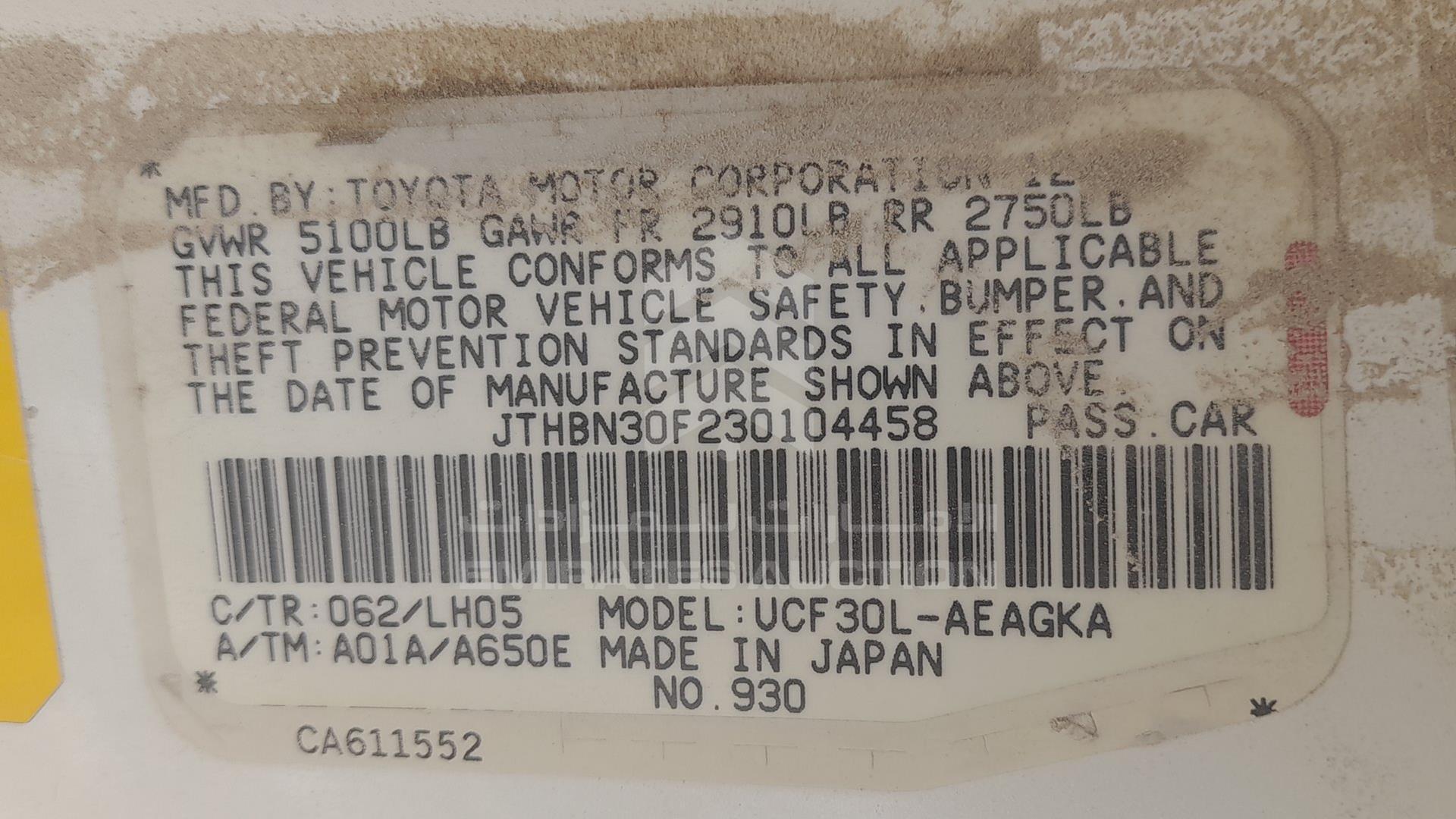 2003 LEXUS LS 430 VIN: JTHBN30F230104458