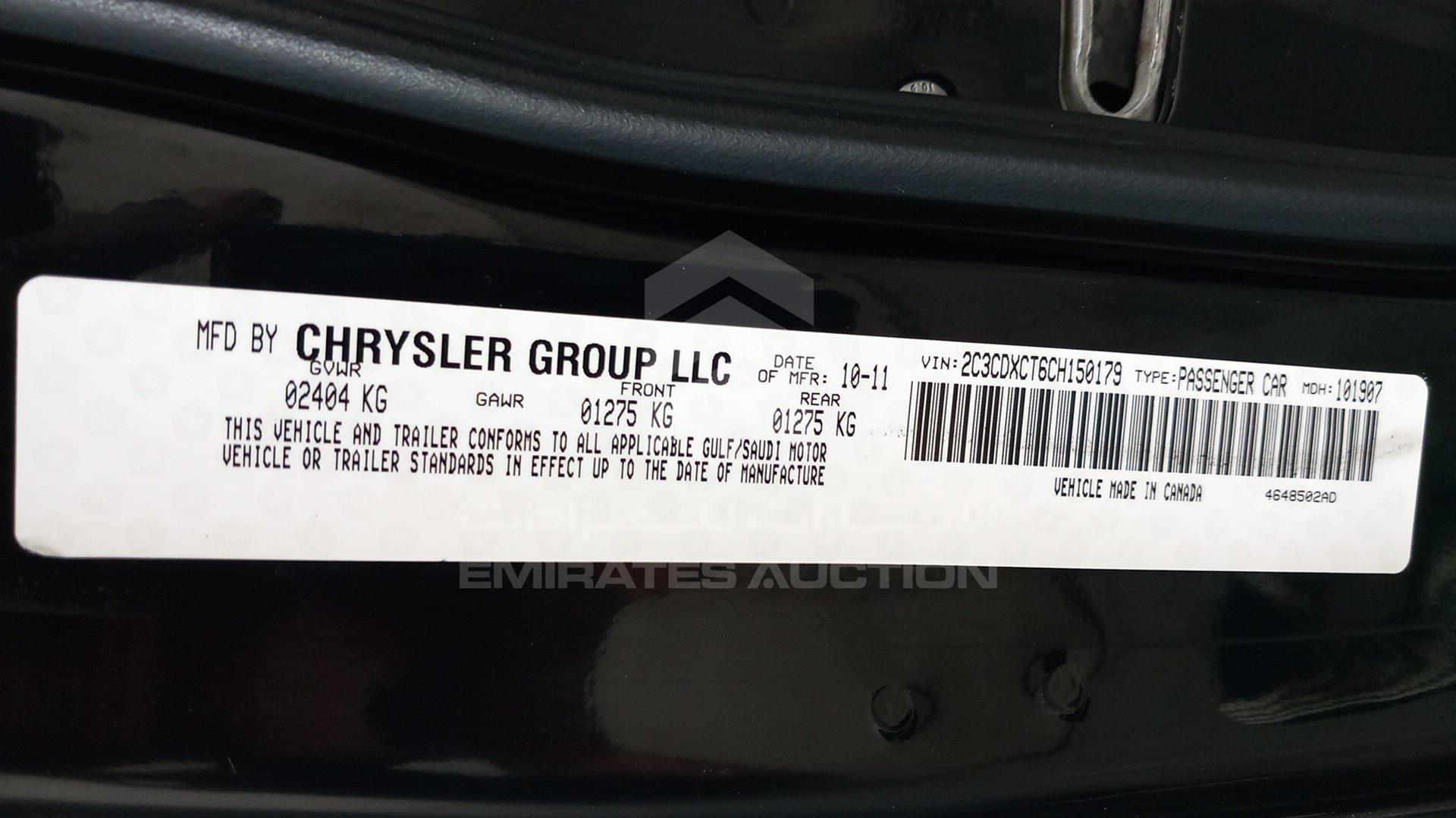 2012 DODGE CHARGER VIN: 2C3CDXCT6CH150179