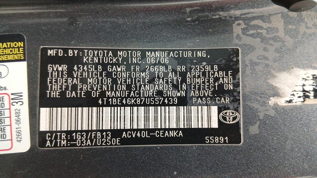 2007 Toyota Camry — VIN on Frame — Photo 3