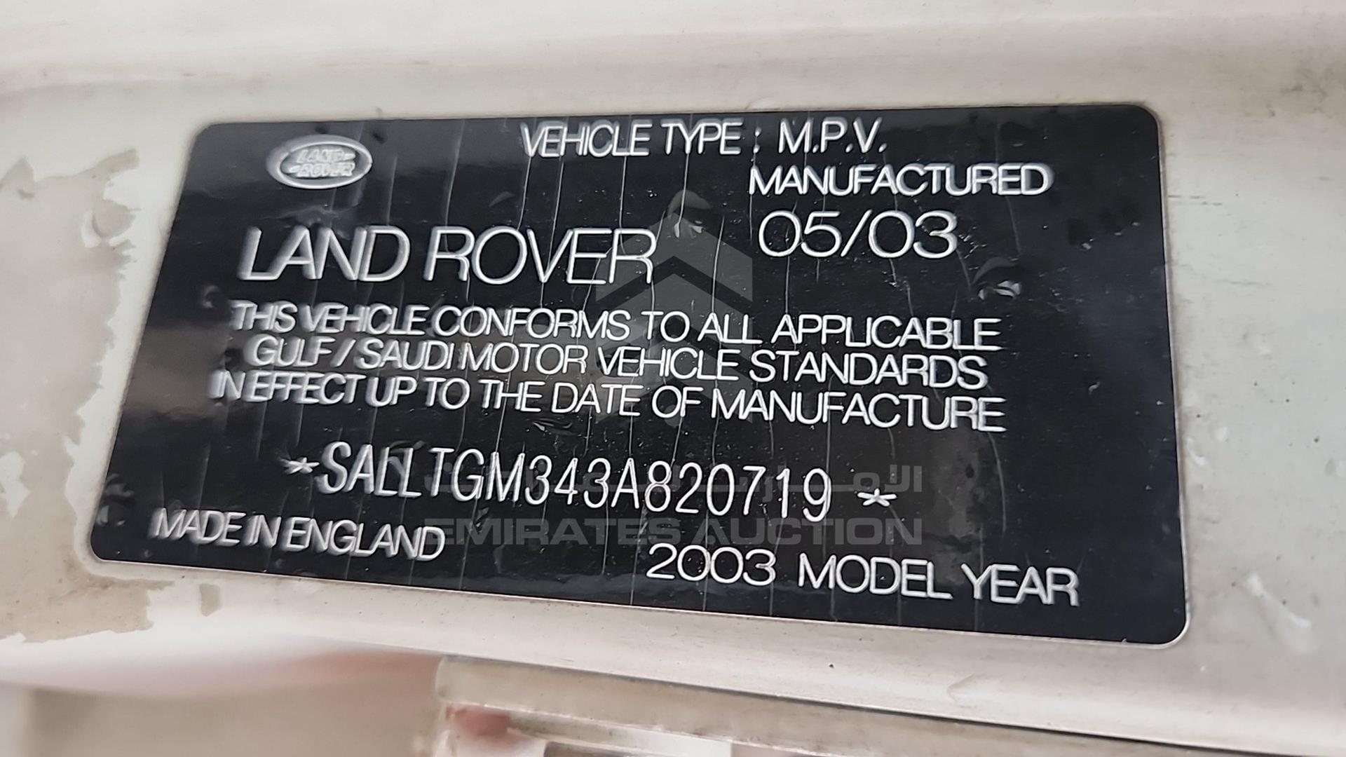 2003 LAND ROVER DISCOVERY VIN: SALLTGM343A820719