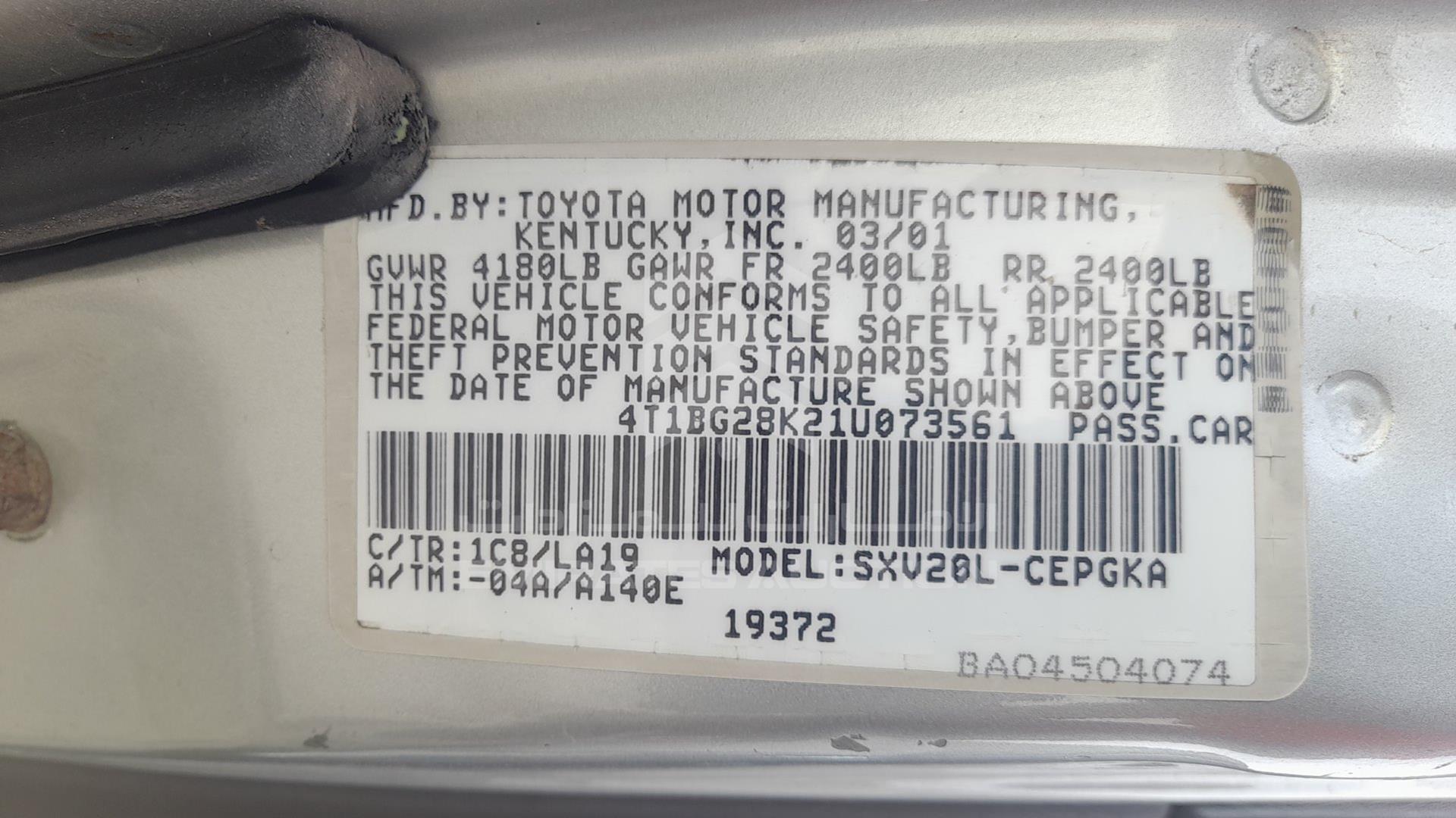 2001 TOYOTA CAMRY VIN: 4T1BG28K21U073561