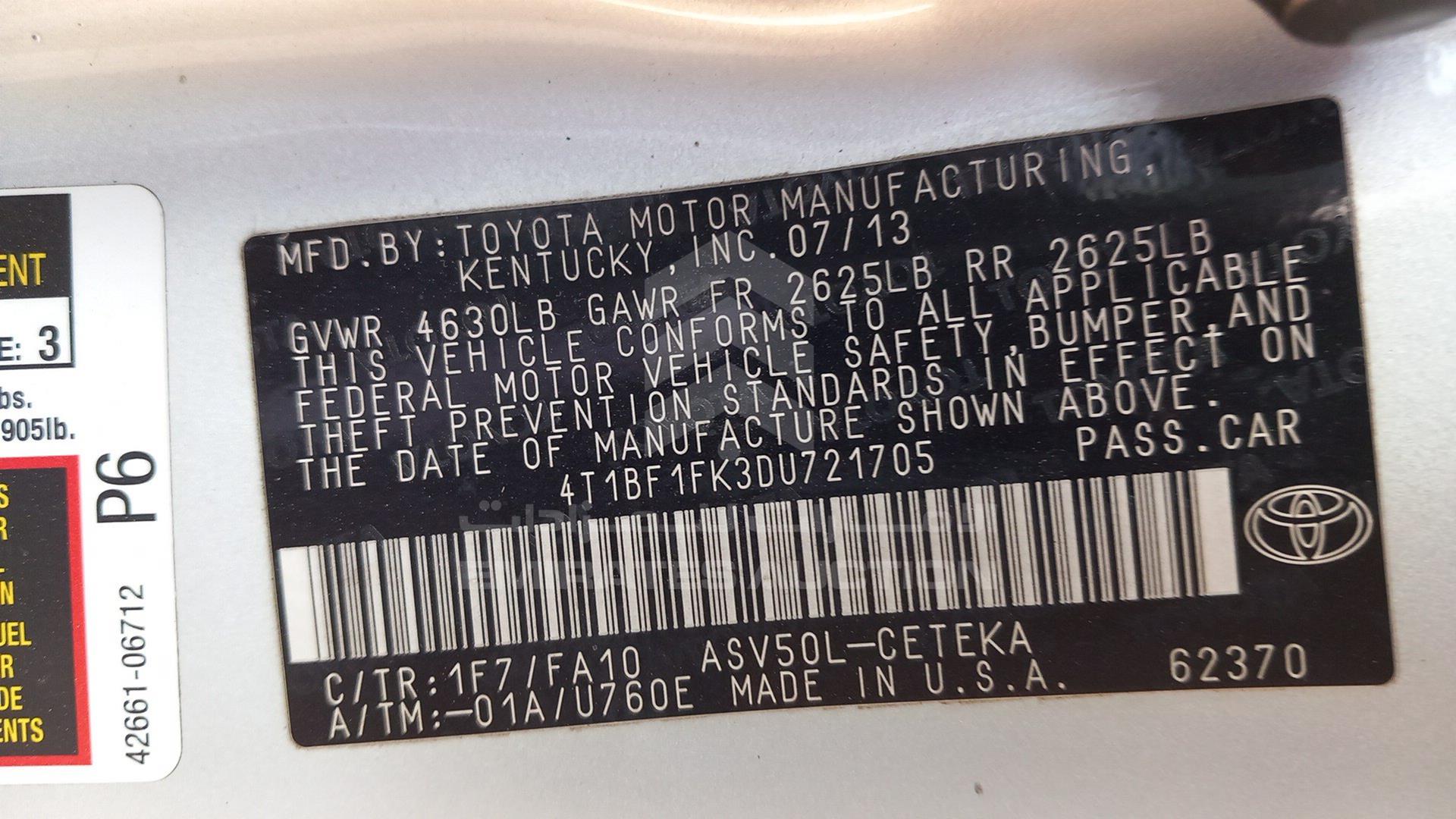 2013 TOYOTA CAMRY VIN: 4T1BF1FK3DU721705