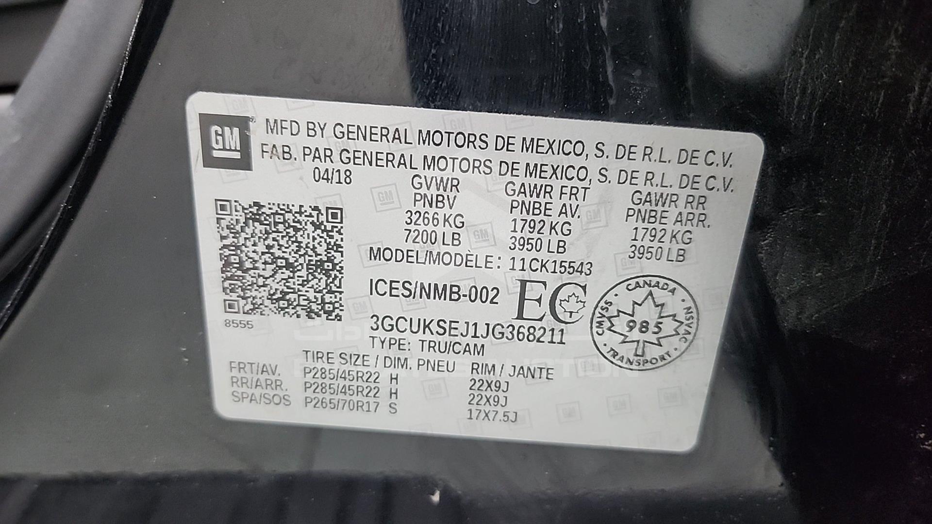 2018 CHEVROLET SILVERADO VIN: 3GCUKSEJ1JG368211