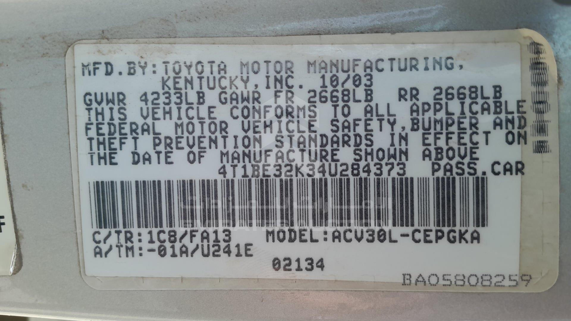 2004 TOYOTA CAMRY VIN: 4T1BE32K34U284373