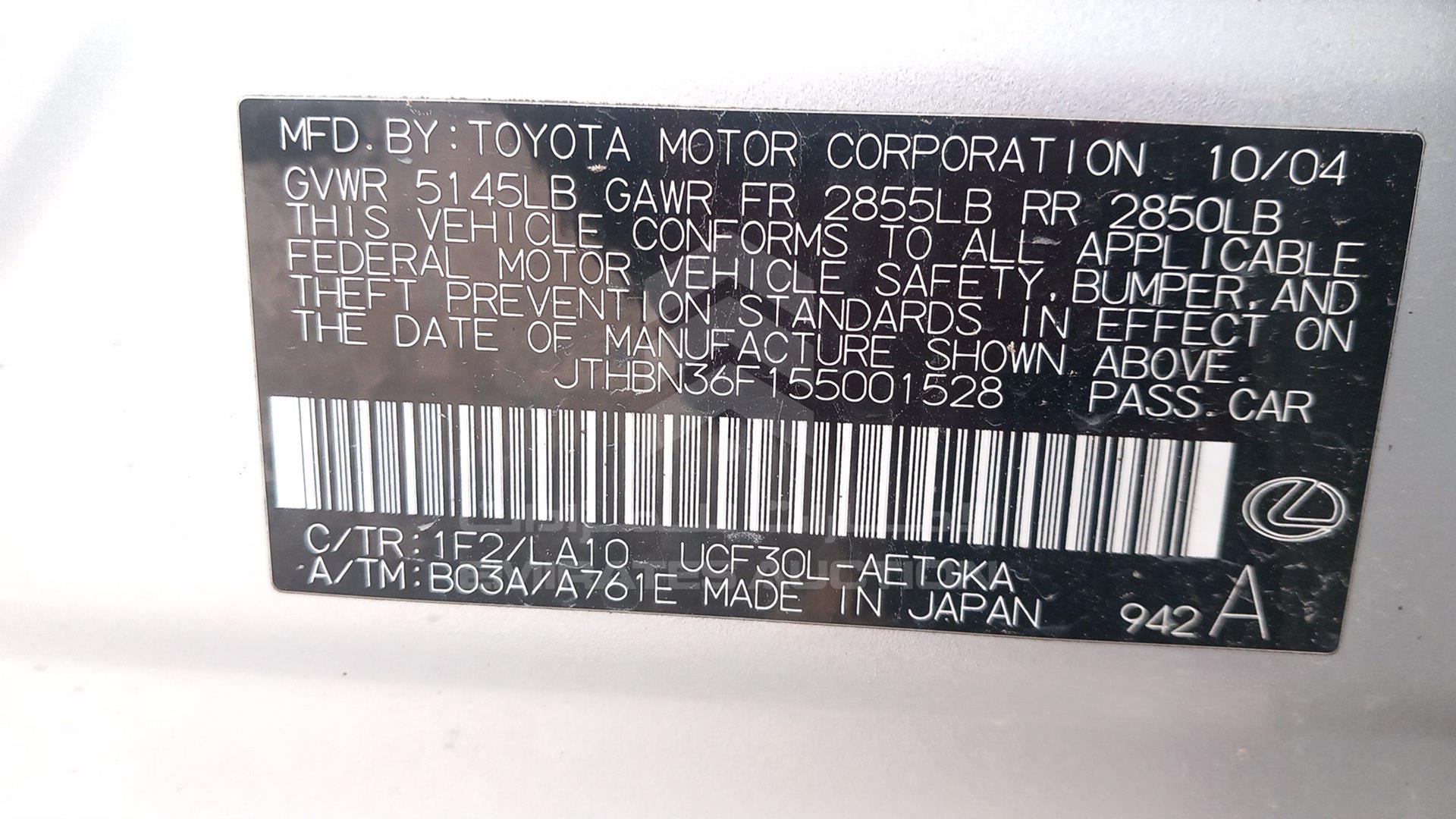 2005 LEXUS LS 430 VIN: JTHBN36F155001528