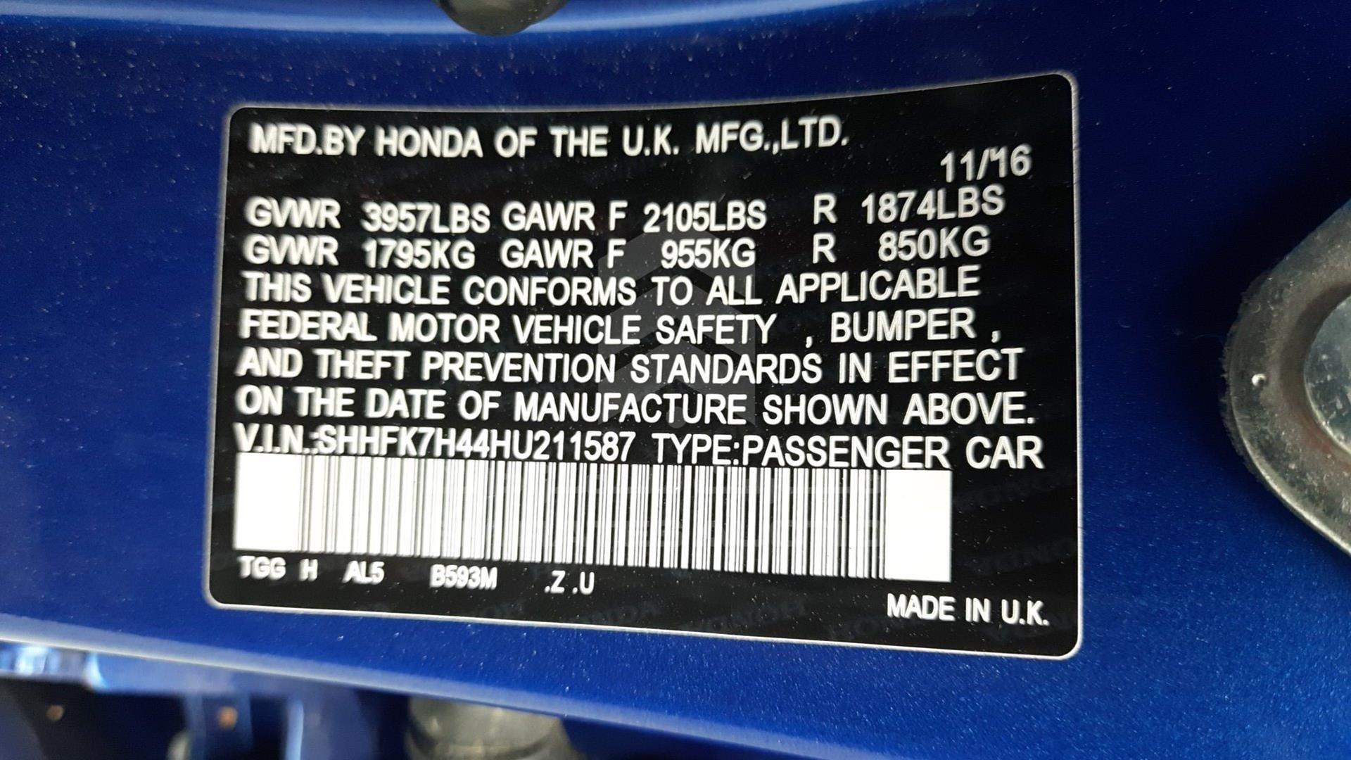 2017 HONDA CIVIC VIN: SHHFK7H44HU211587