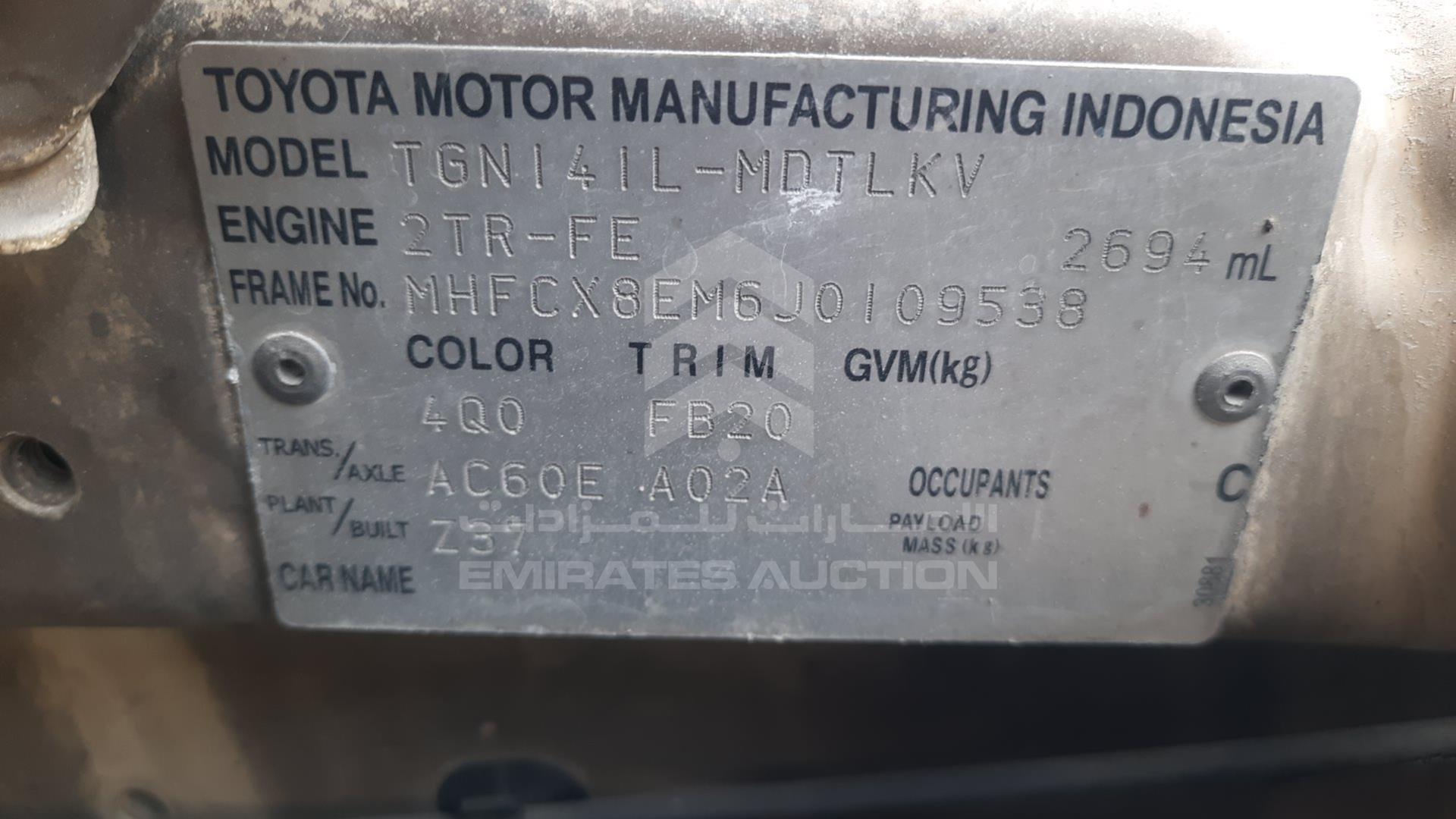 2018 TOYOTA INNOVA VIN: MHFCX8EM6J0109538