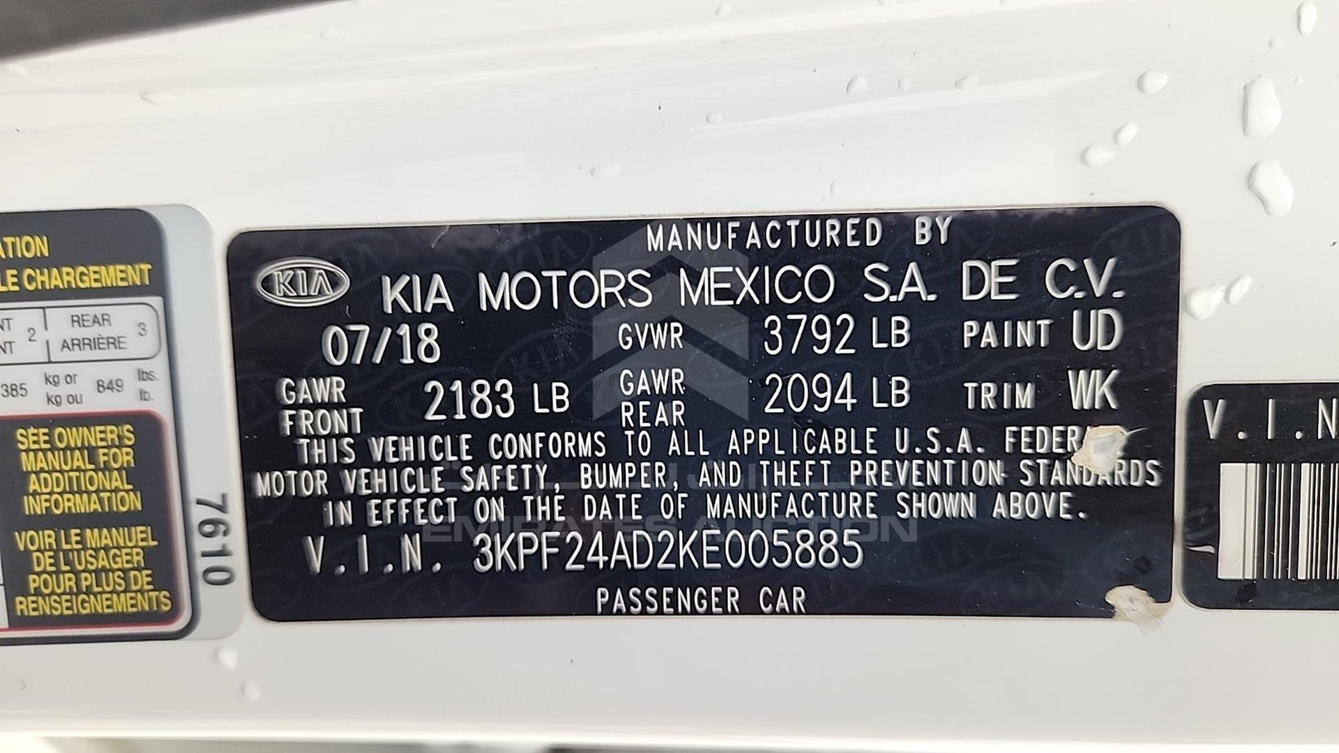 2019 KIA FORTE VIN: 3KPF24AD2KE005885