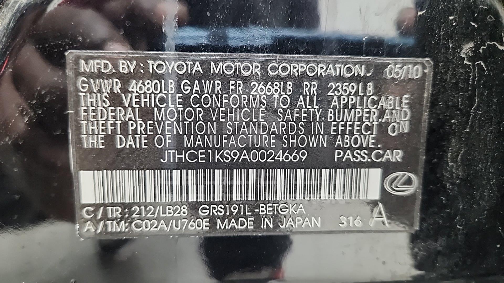 2010 LEXUS GS 350 VIN: JTHCE1KS9A0024669