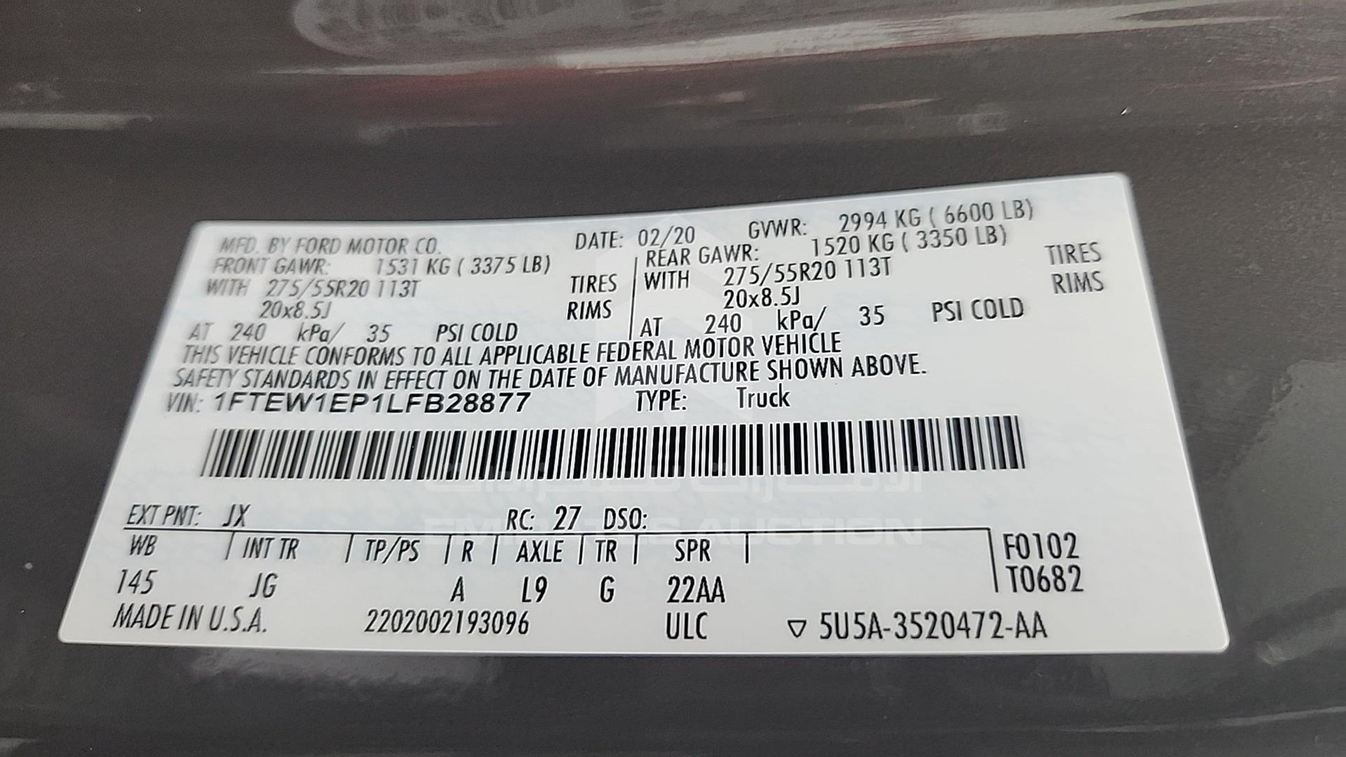 2020 FORD F-150 VIN: 1FTEW1EP1LFB28877