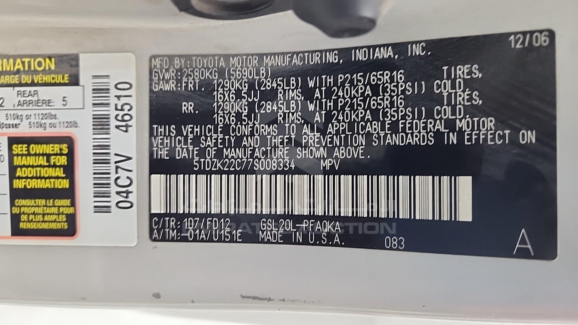 2007 TOYOTA SIENNA VIN: 5TDZK22C77S008334