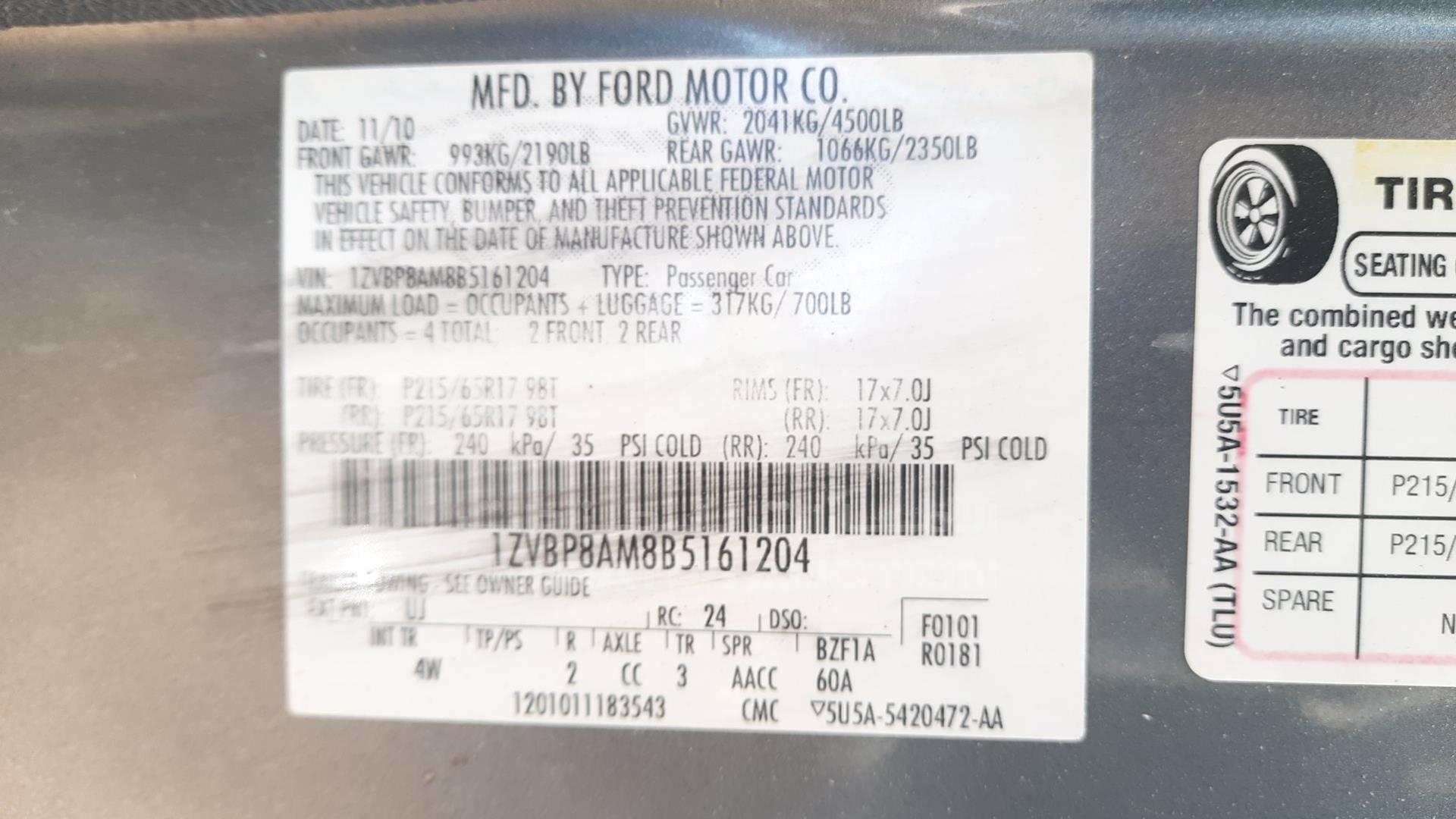 2011 FORD MUSTANG VIN: 1ZVBP8AM8B5161204