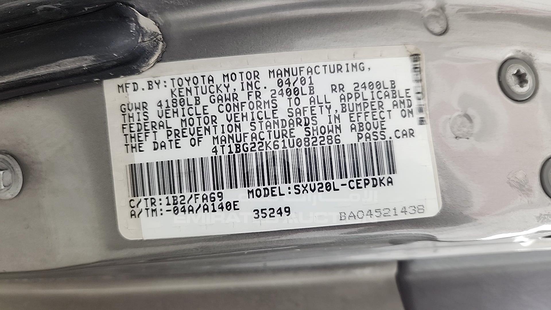 2001 TOYOTA CAMRY VIN: 4T1BG22K61U082286