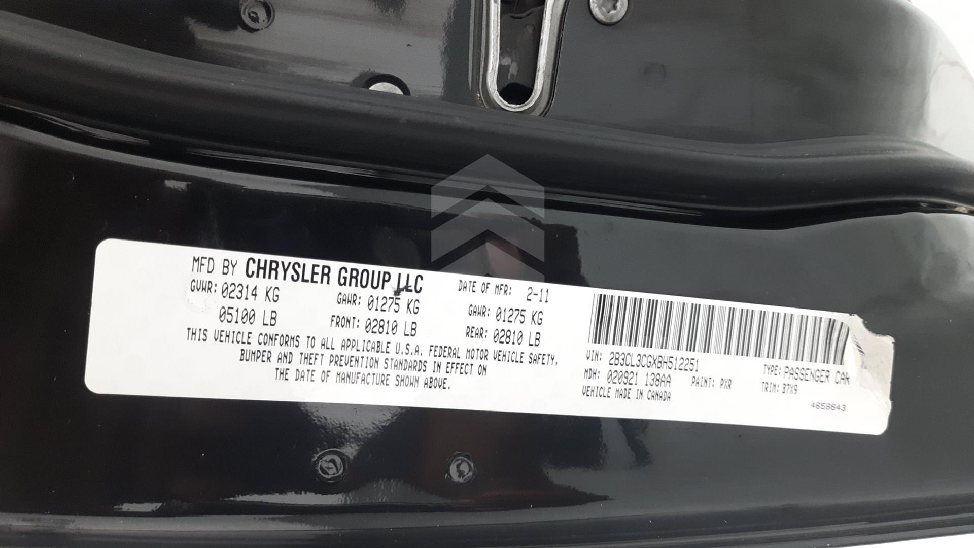 2011 DODGE CHARGER VIN: 2B3CL3CGXBH512251