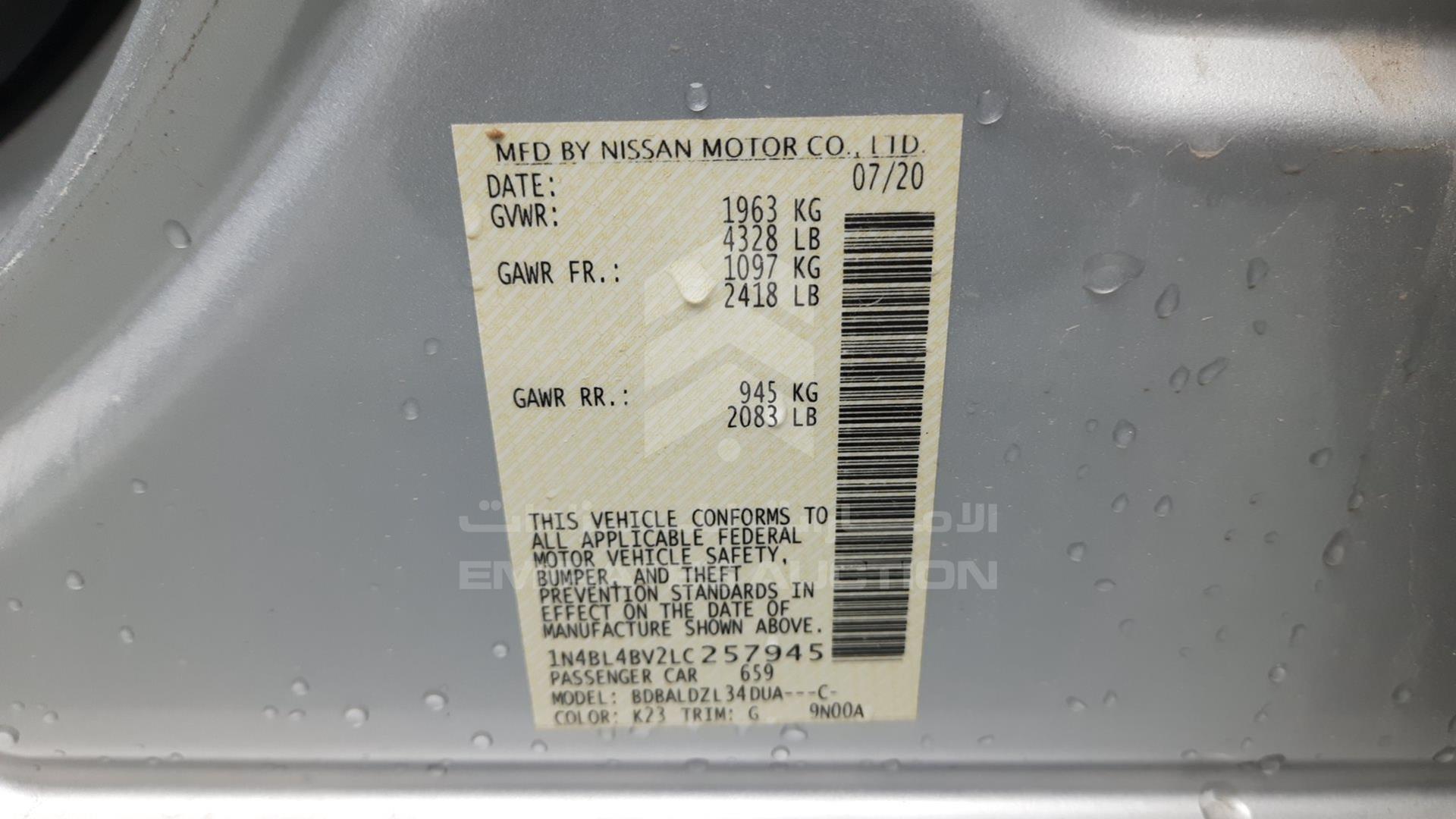 2020 NISSAN ALTIMA VIN: 1N4BL4BV2LC257945