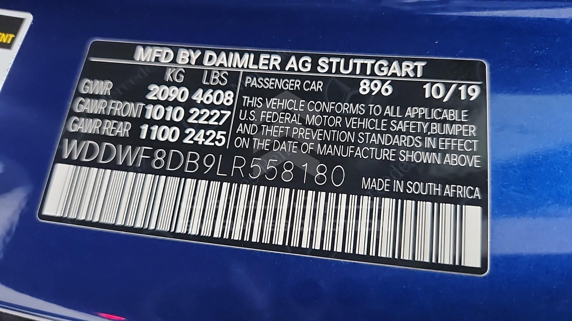 2020 MERCEDES C 300 VIN: WDDWF8DB9LR558180