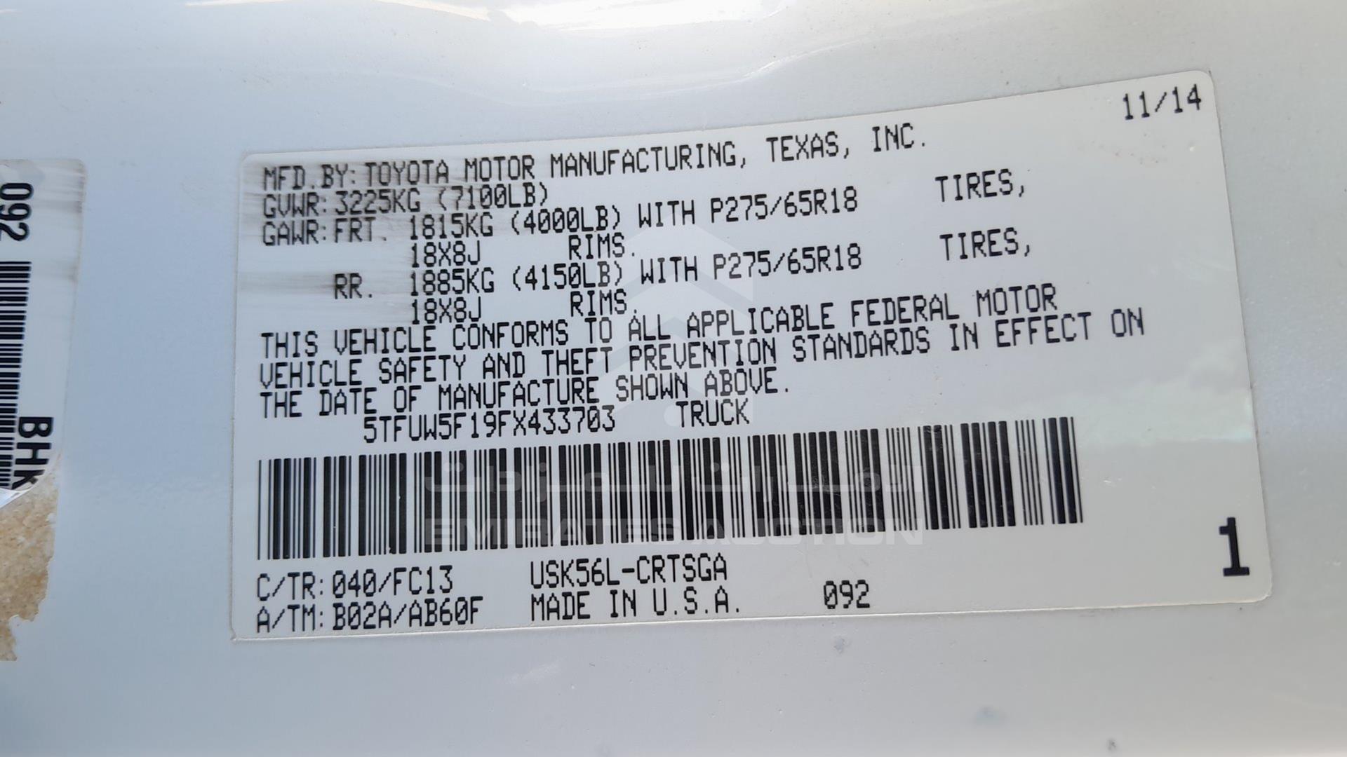 2015 TOYOTA TUNDRA VIN: 5TFUW5F19FX433703
