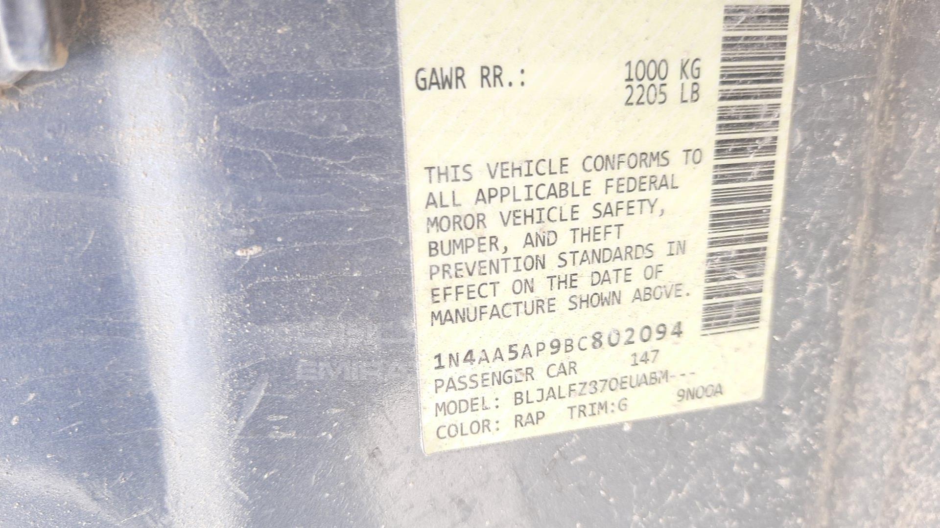2011 NISSAN MAXIMA VIN: 1N4AA5AP9BC802094