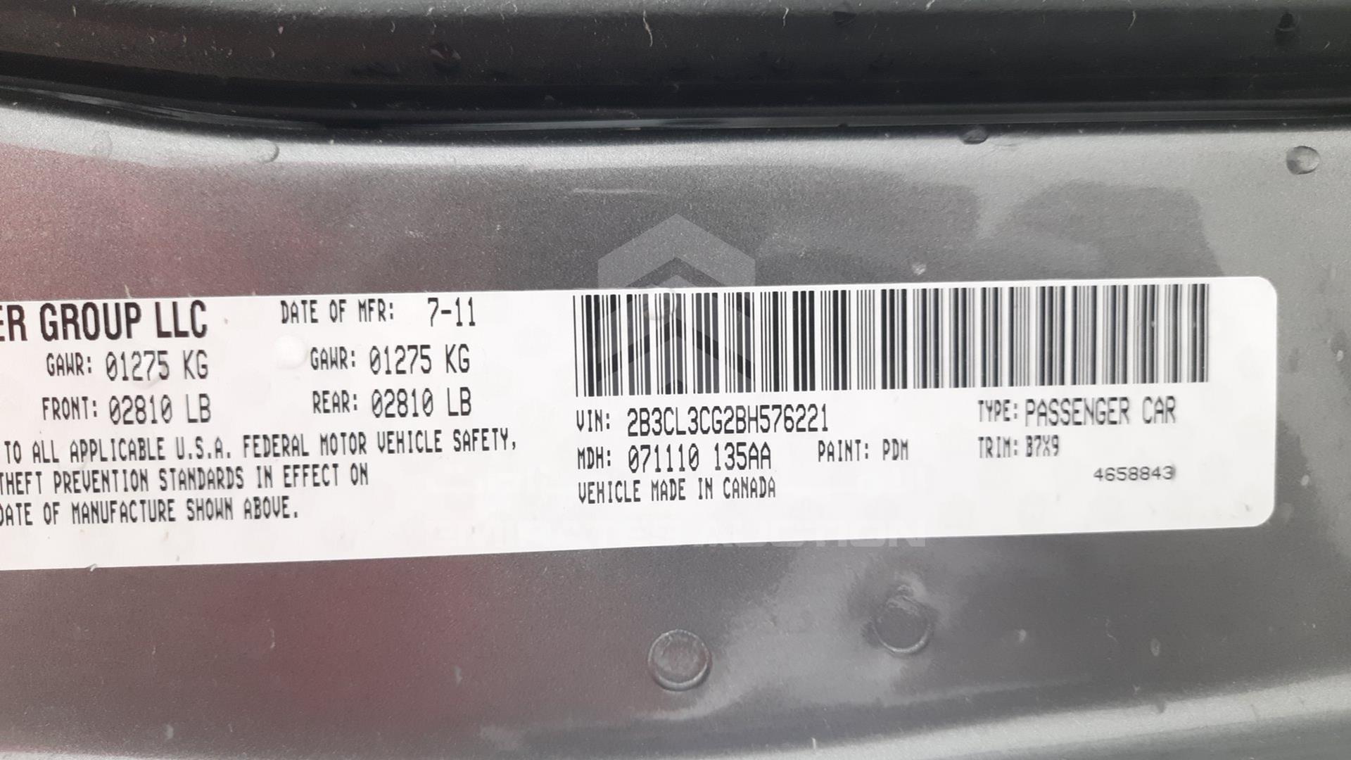 2011 DODGE CHARGER RT VIN: 2B3CL3CG2BH576221