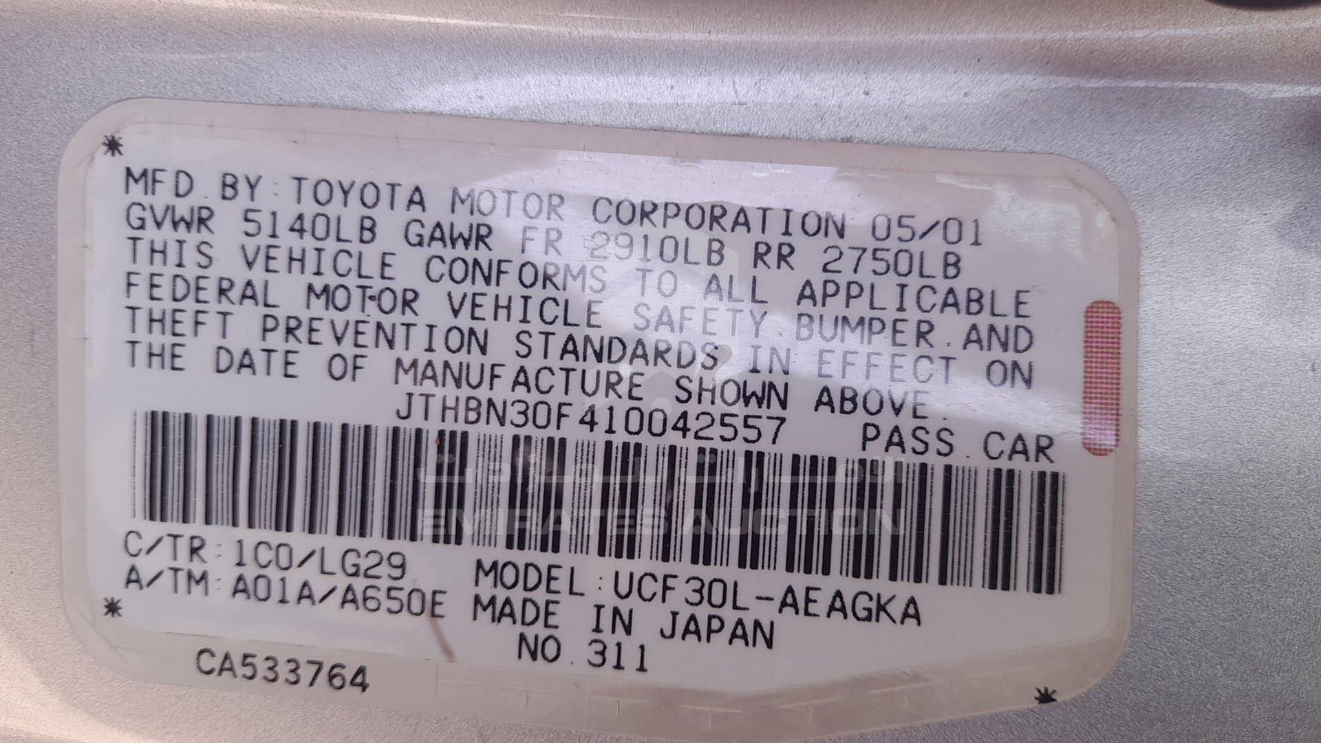 2001 LEXUS LS 430 VIN: JTHBN30F410042557
