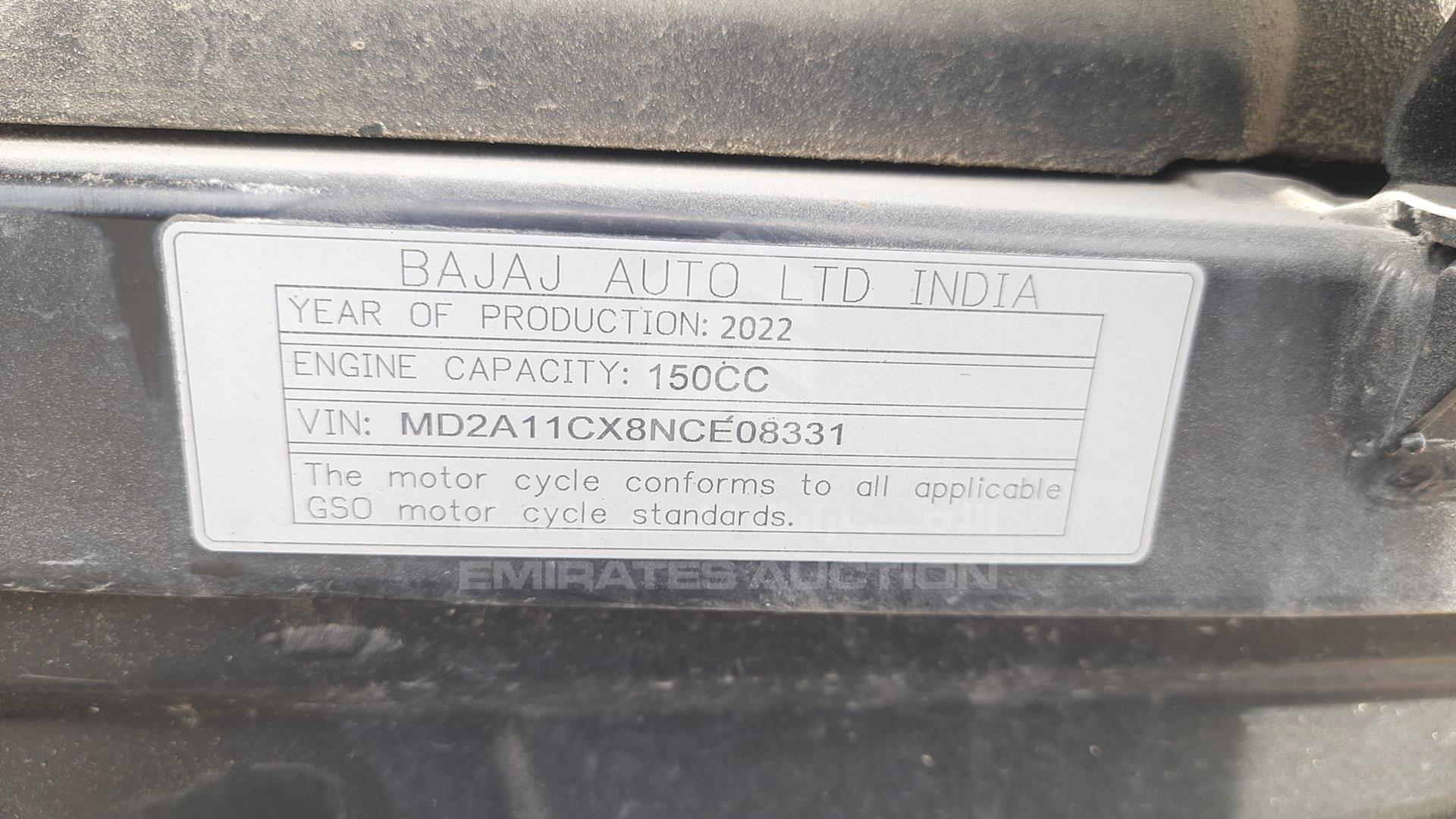 2022 BAJAJ 150 CC VIN: MD2A11CX8NCE08331