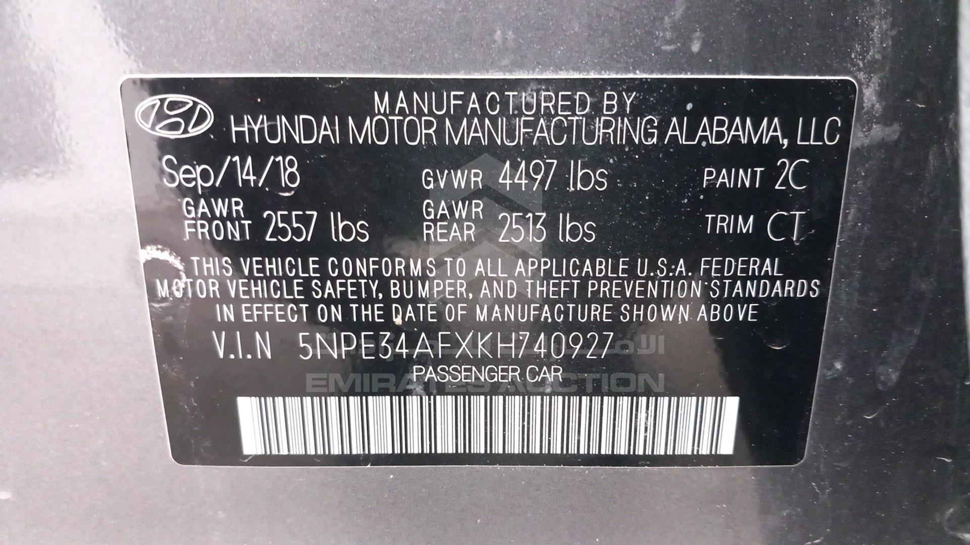 2019 HYUNDAI SONATA VIN: 5NPE34AFXKH740927