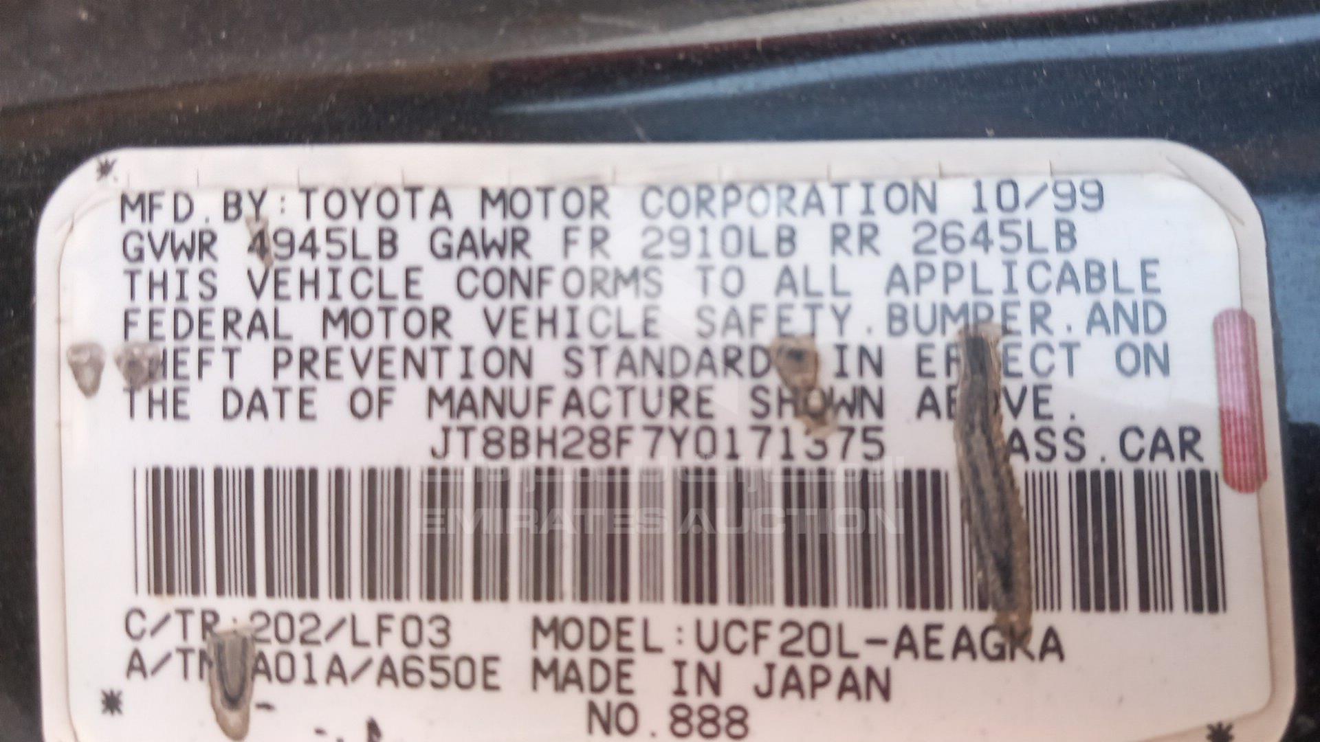 2000 LEXUS LS400 VIN: JT8BH28F7Y0171375