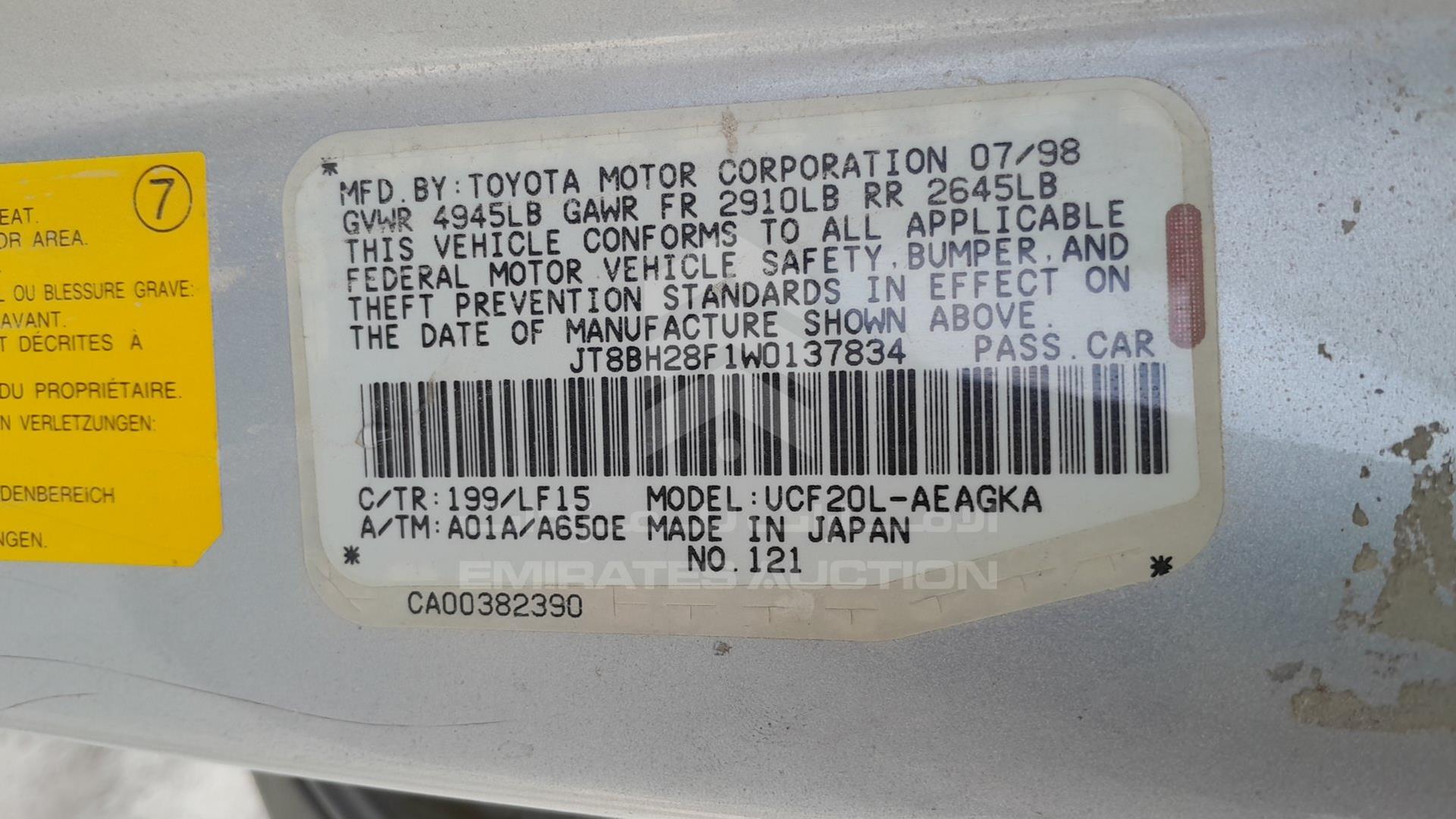 1998 LEXUS LS400 VIN: JT8BH28F1W0137834