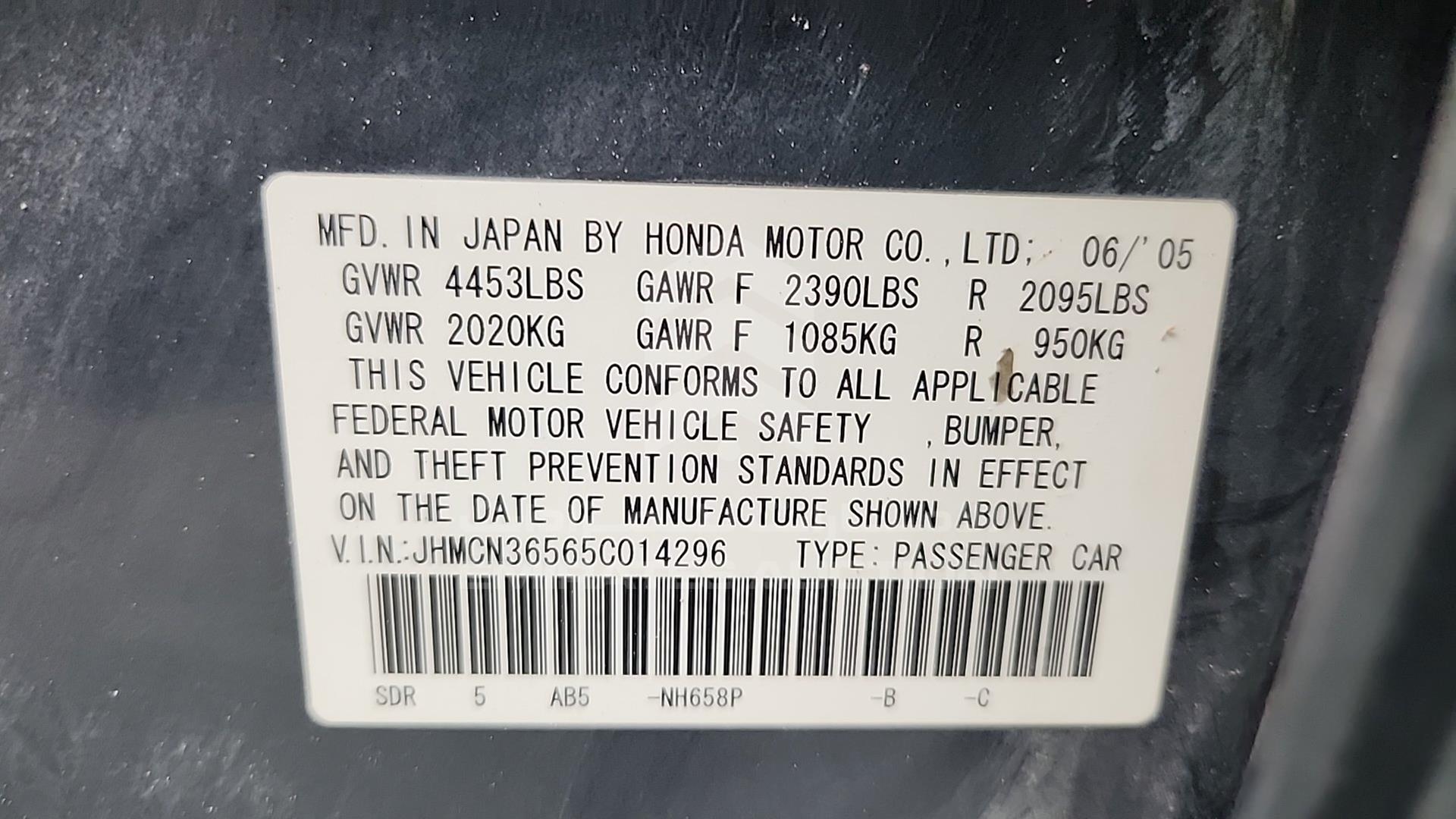2005 HONDA ACCORD VIN: JHMCN36565C014296