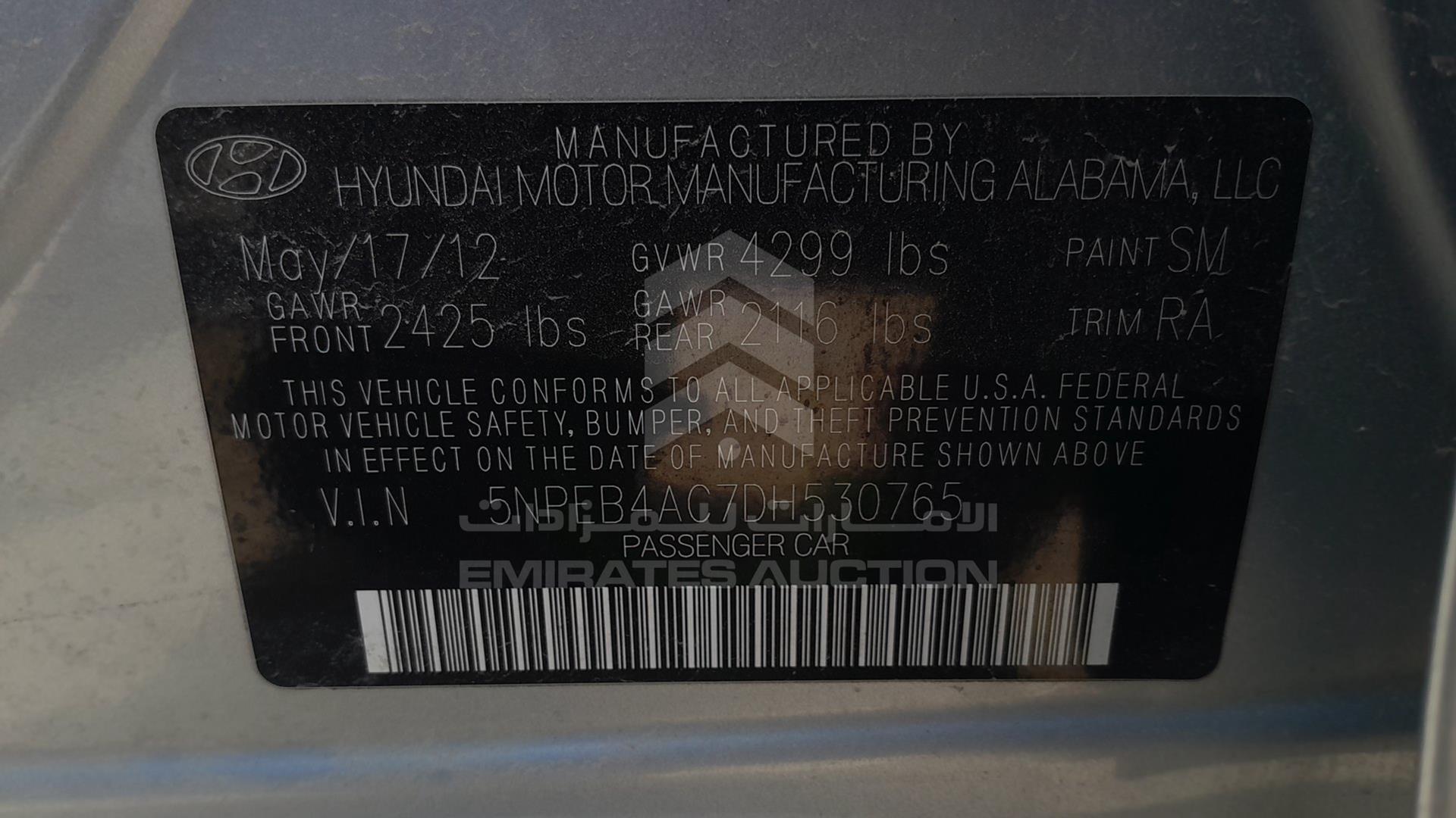 2013 HYUNDAI SONATA VIN: 5NPEB4AC7DH530765